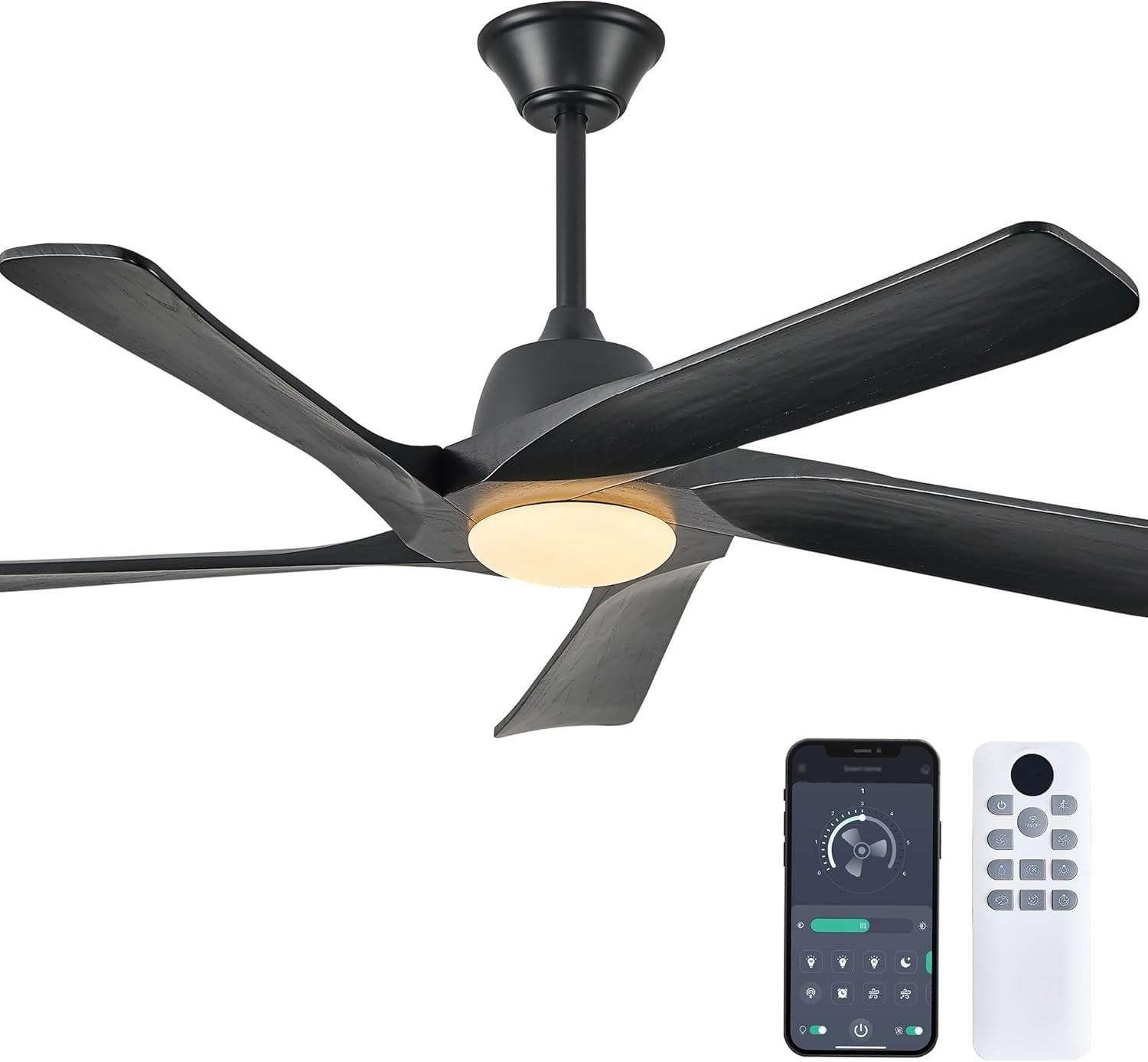 52 Inch Solid Wood Ceiling Fan with Light, (Matte Black) | 5 Black Wooden Blades
