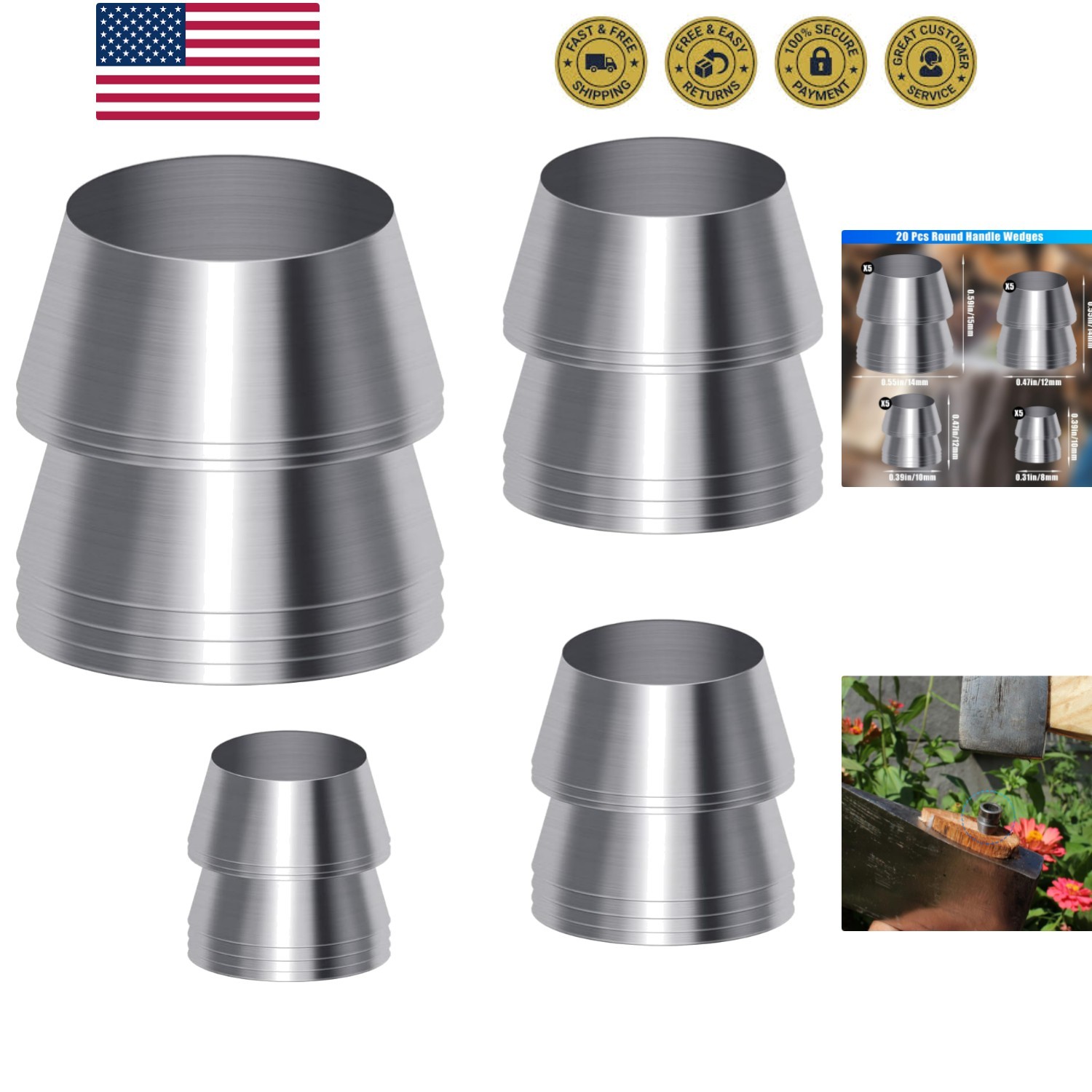 20 Pcs Safety Round Handle Wedges Axe Hand Metal Wedge Hammer Handle Steel We...