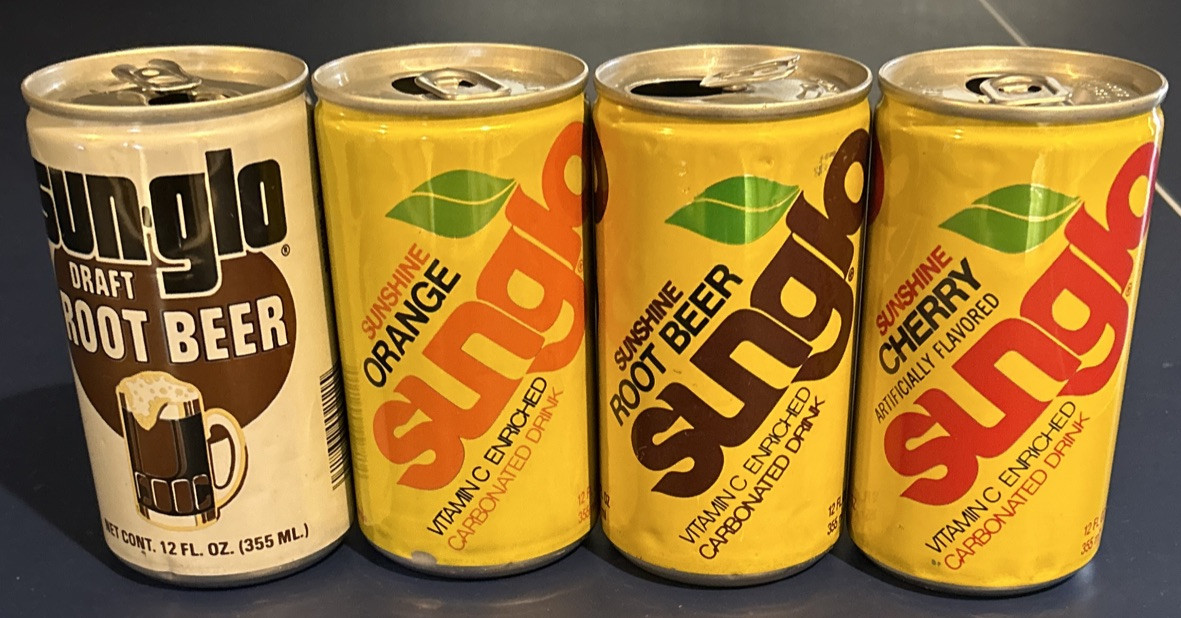 Vintage SUNGLO 12oz. Empty Aluminum Can Lot Of 4: Cherry/Root Beer/Orange