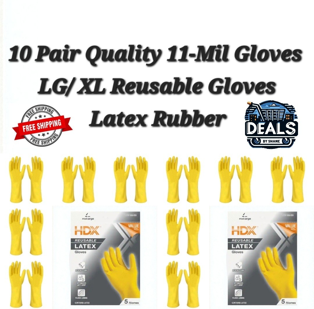 10 Pair Diswashing Gloves LG/ XL Reusable Cleaning Gloves 11-Mil Latex Rubber