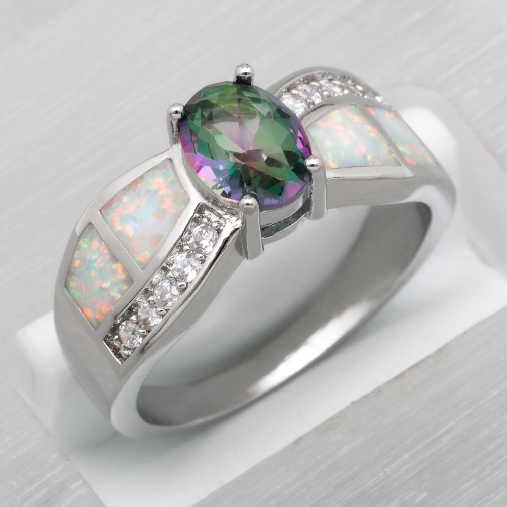 6x8 Rainbow Mystic Topaz White Fire Opal Silver Jewelry Women Ring Size 7 8 9