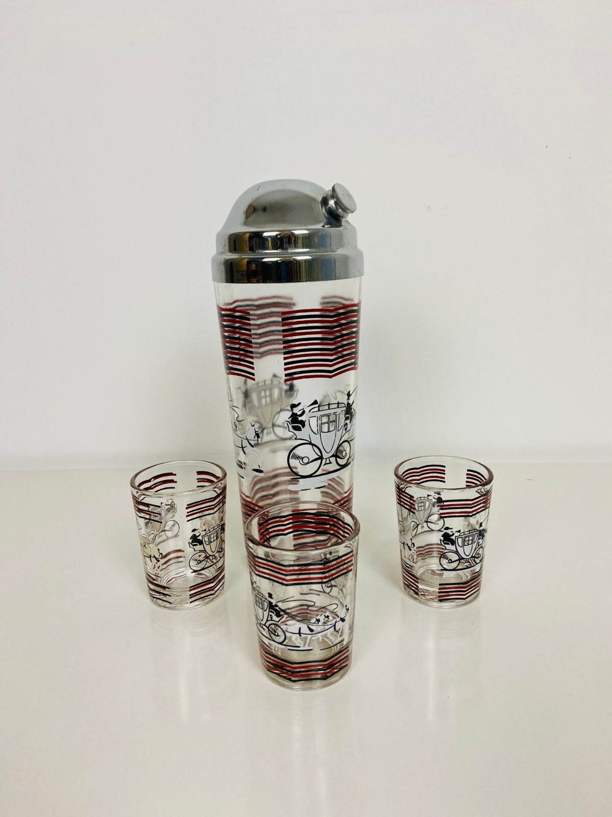 Vintage Mid Century Cocktail Shaker with 3 Shot Glasses, Hazel Atlas Barware