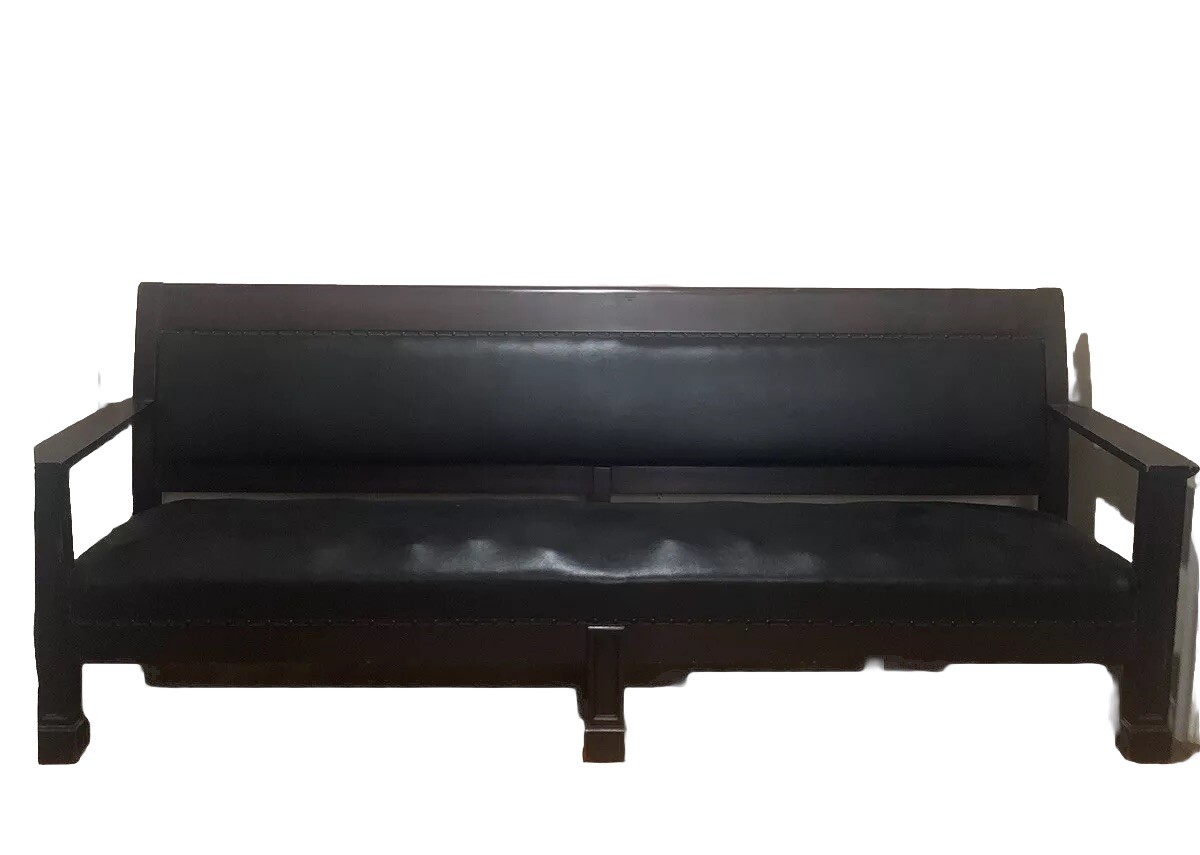Antique Railroad Bench Train Station Depot Karpen Original Black Leather 8'Long