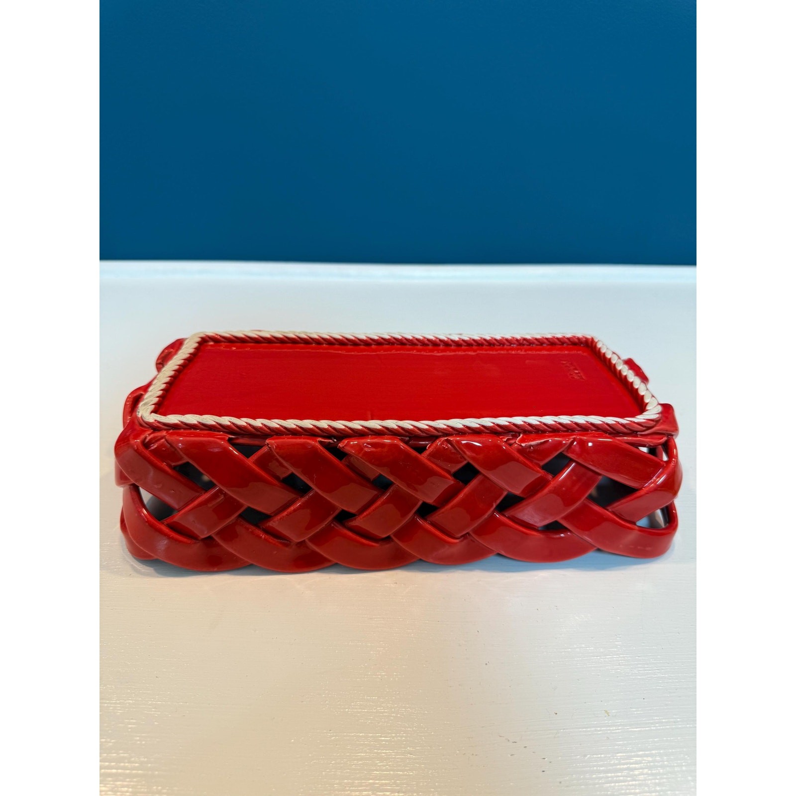 Vintage Primo Gi Red Ceramic Woven Bread Basket Italy Large Weave