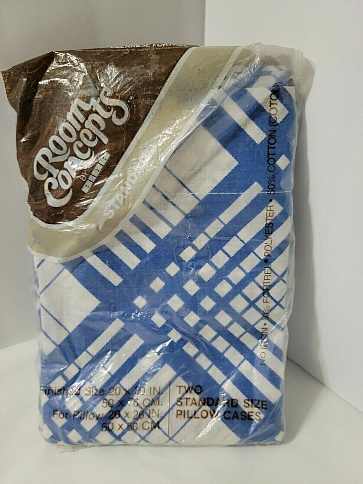Vtg SEALED Geometric Pillowcases Navy Royal Blue White 2 Standard Size BIBB