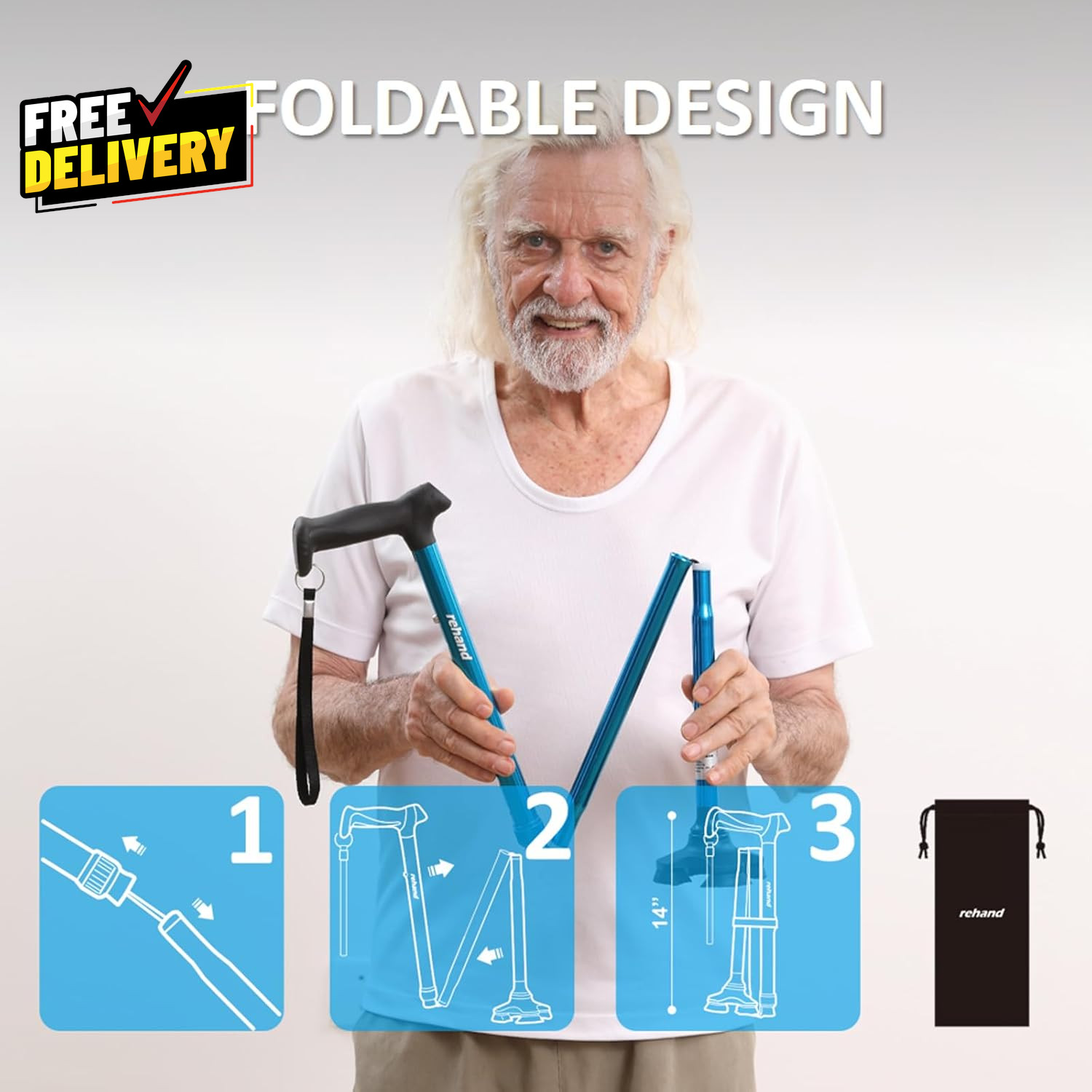 Foldable Adjustable Walking Cane Lightweight Self Standing with Soft Grip Bag…