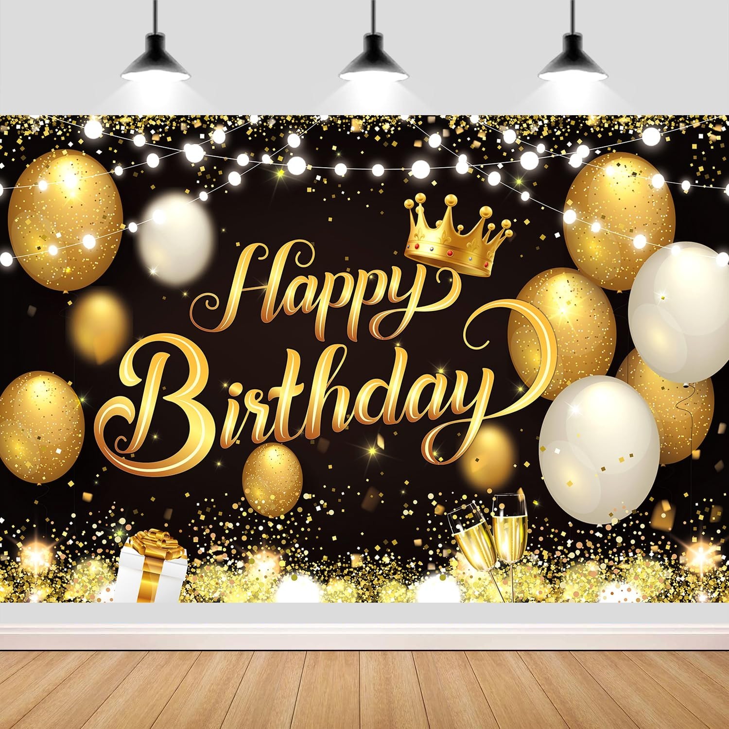 YinQin 180x120 cm Black Gold Happy Birthday Party Backdrops Cloth 71x47 in. G...
