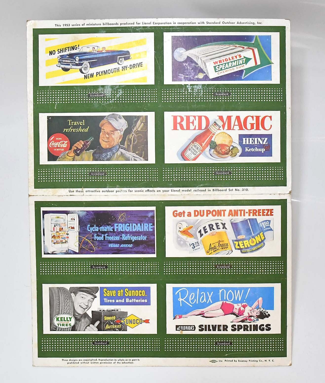 VINTAGE 1953 CARD OF 8 ADVERTISEMENTS FOR LIONEL TRAIN BILLBOARDS #310