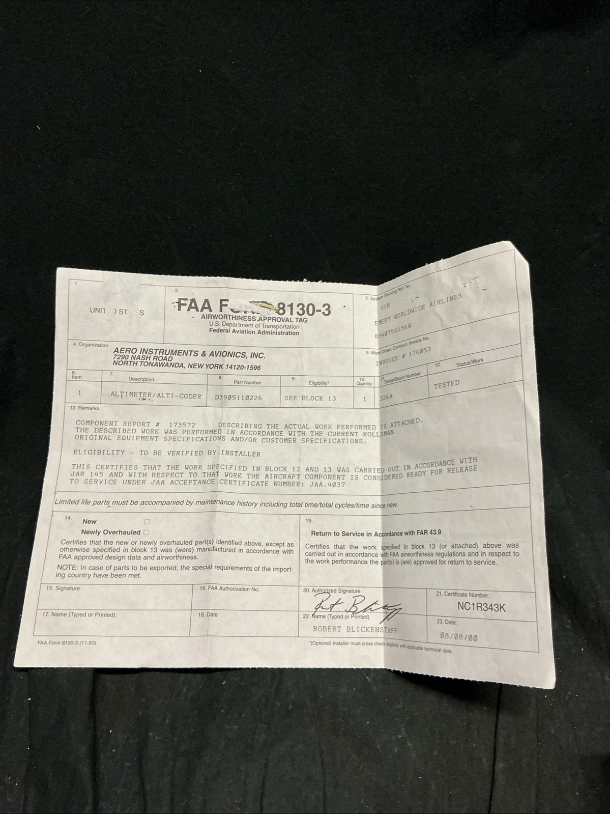 Altimeter/Alti-Coder; MPN D3905110226; S/N 326A; SERVICEABLE