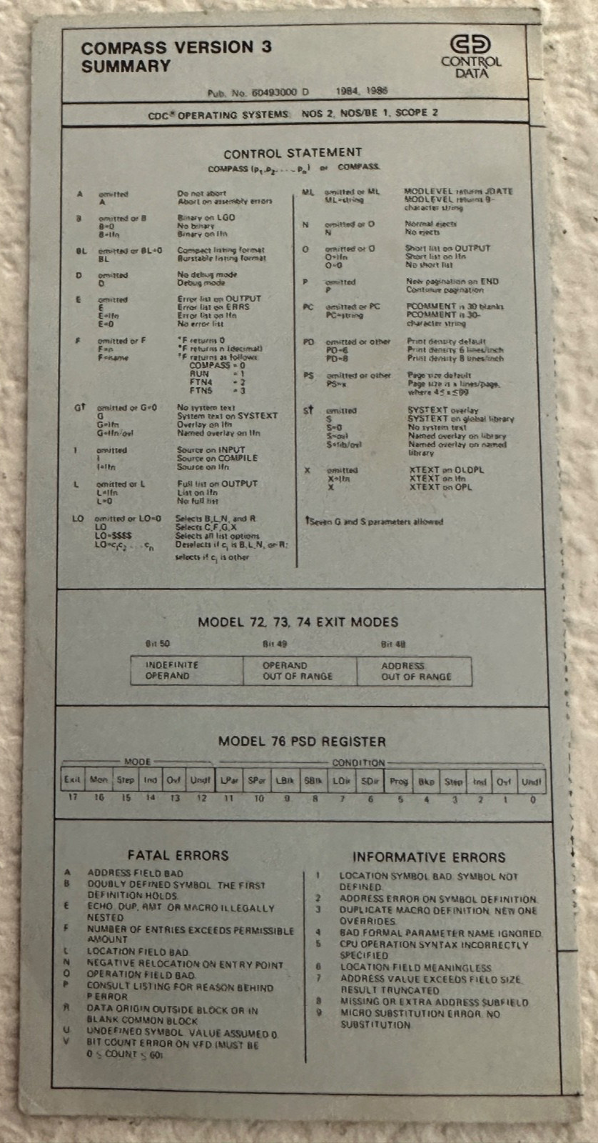 Control Data CDC Compass 3 Reference/Summary/Shortcuts for NOS  Computer 1984-86