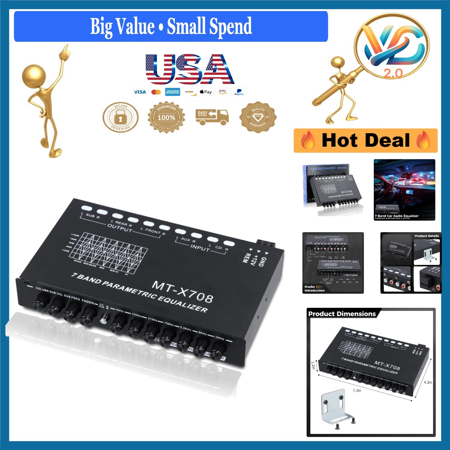 7-Band Car Audio Equalizer with Subwoofer Outputs, Adjustable Dials, Compact ...