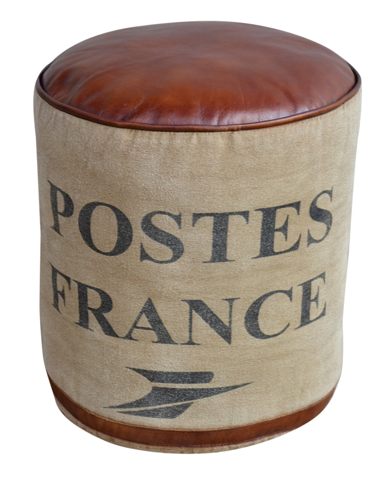Round Canvas Pouf POST topped with Brown Leather Seat