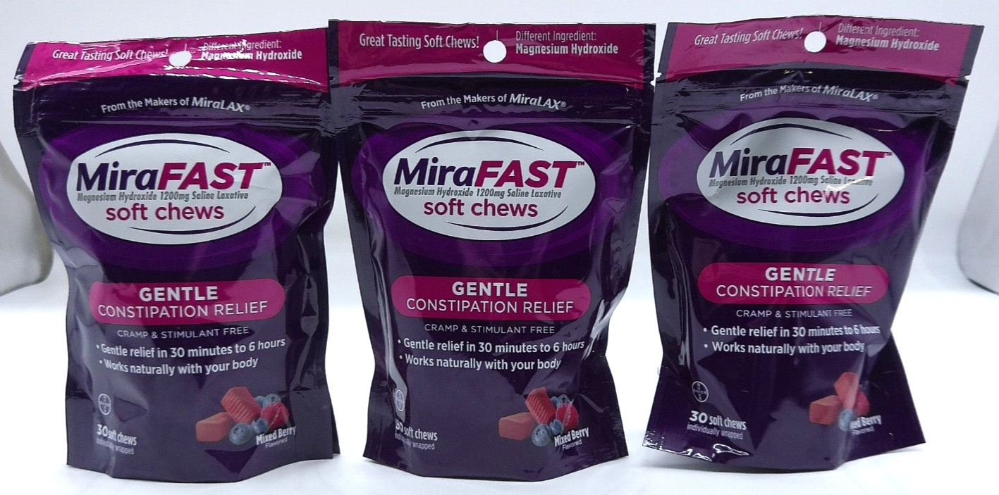 3Pk- MiraFAST Gentle Constipation Relief, 90 Total Mixed Berry Soft Chews, 10/27