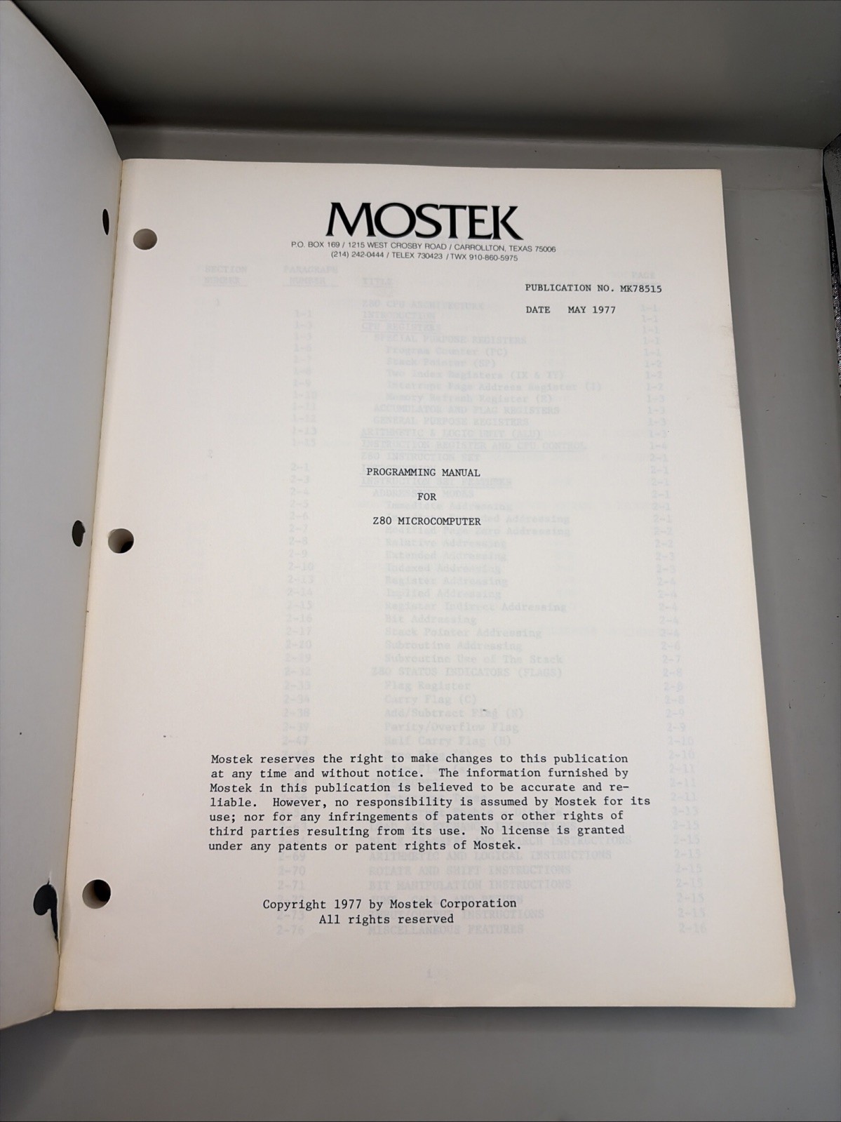 MOSTEK Microcomputer Systems Z80 Preliminary Programming MANUAL / BOOK