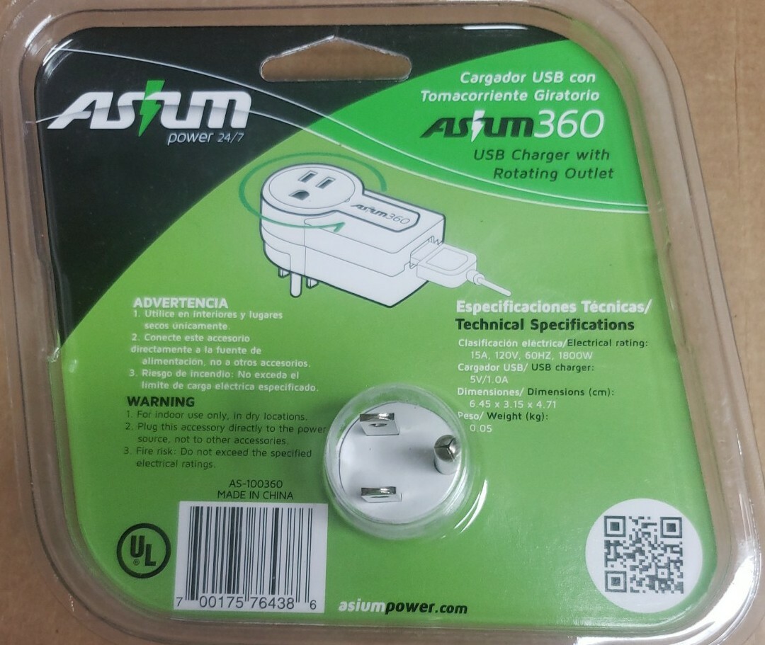 ASIUM 360 USB CHARGER WITH MINI OUTLET W/USB 360 ROTATING
