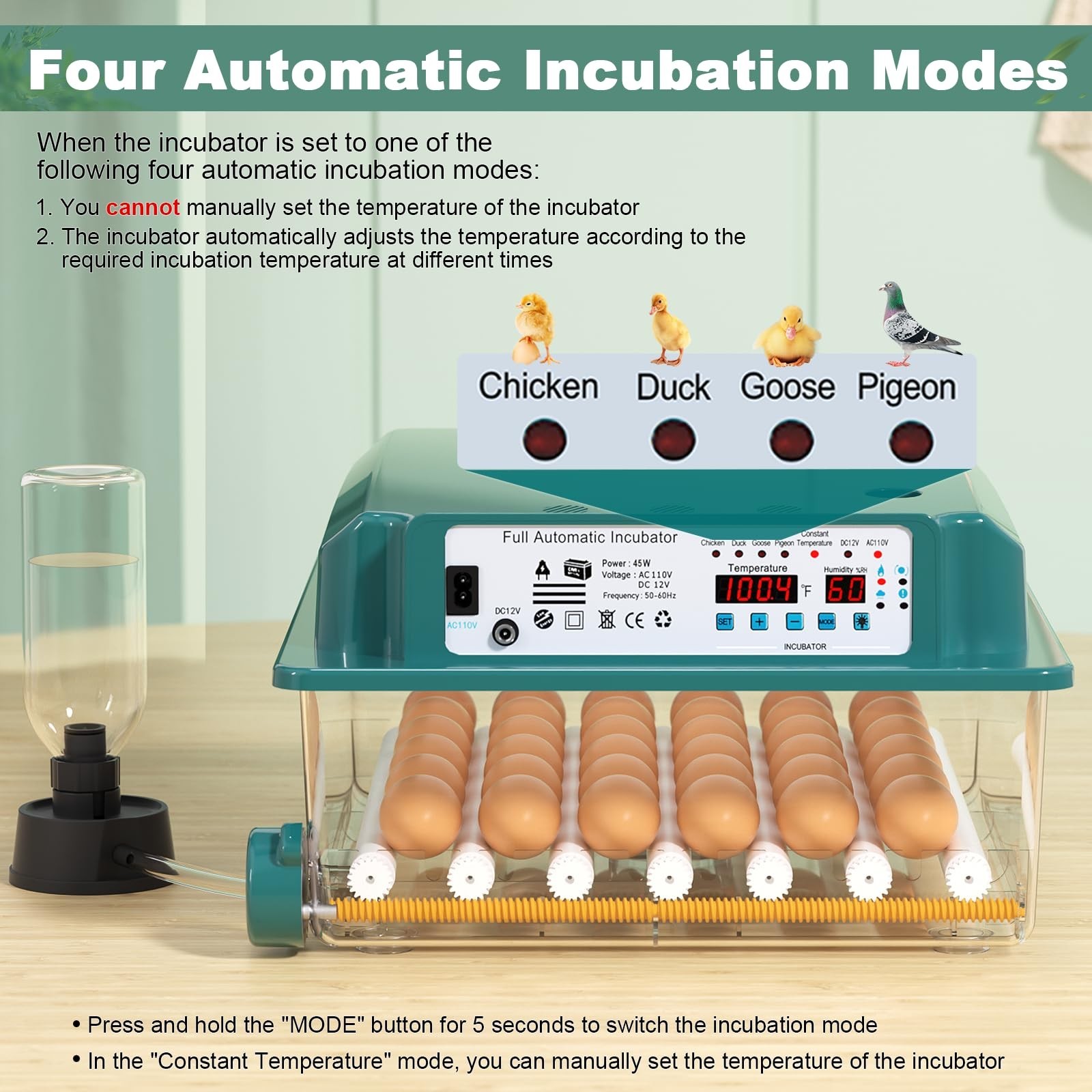 36 Egg Incubator for Hatching, Automatic Turning, Humidity Display, Quail & Chic