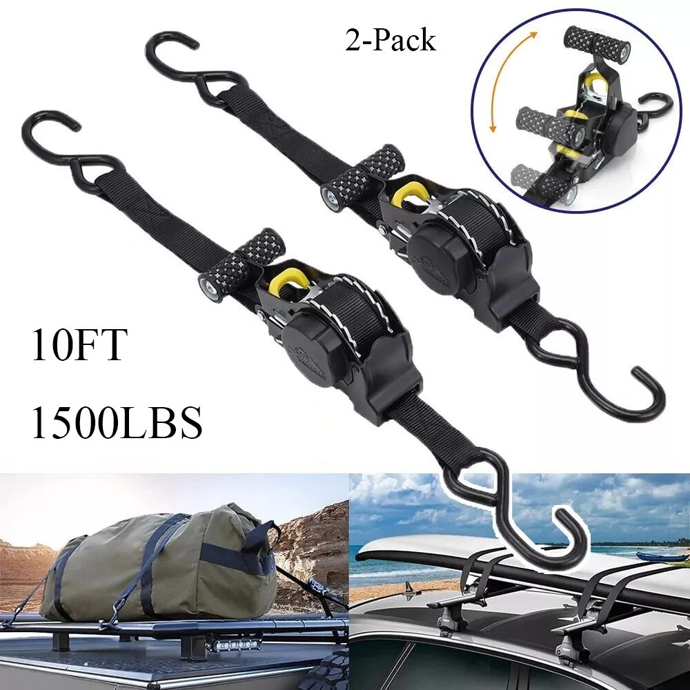 🔥 2-Pack 10FT Retractable Ratchet Tie-Down Straps | 1500LBS Heavy-Duty | S-Hook
