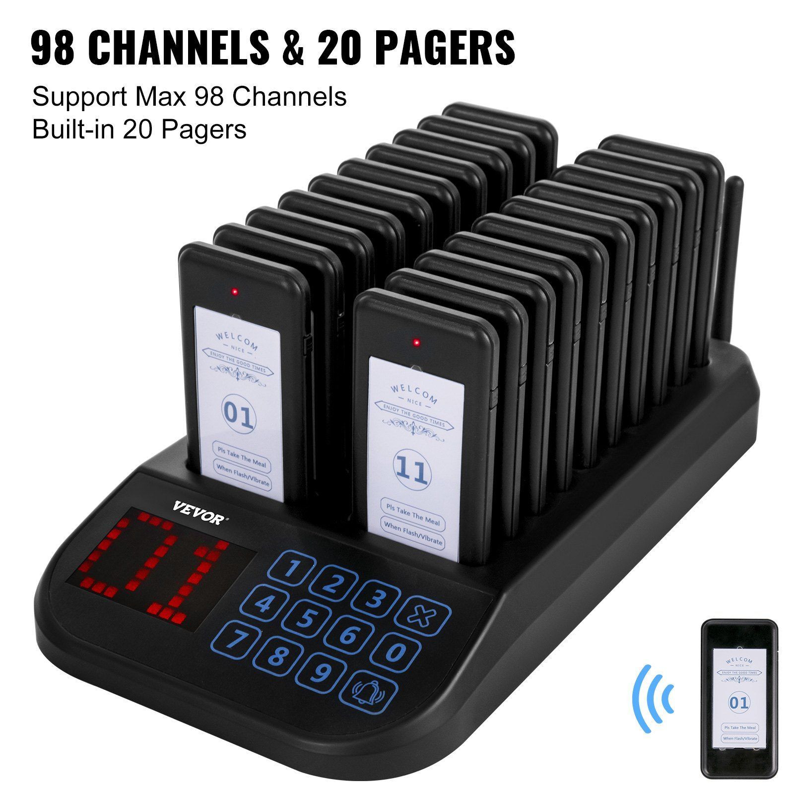 F103 Restaurant Pager System 20 Pagers, Max 98 Beepers Wireless Calling System