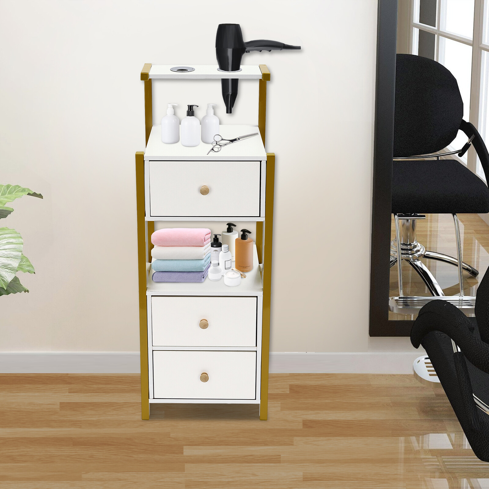3 Drawer Beauty Salon Station White Golden Steel MDF Floor Standing 34*30*90cm