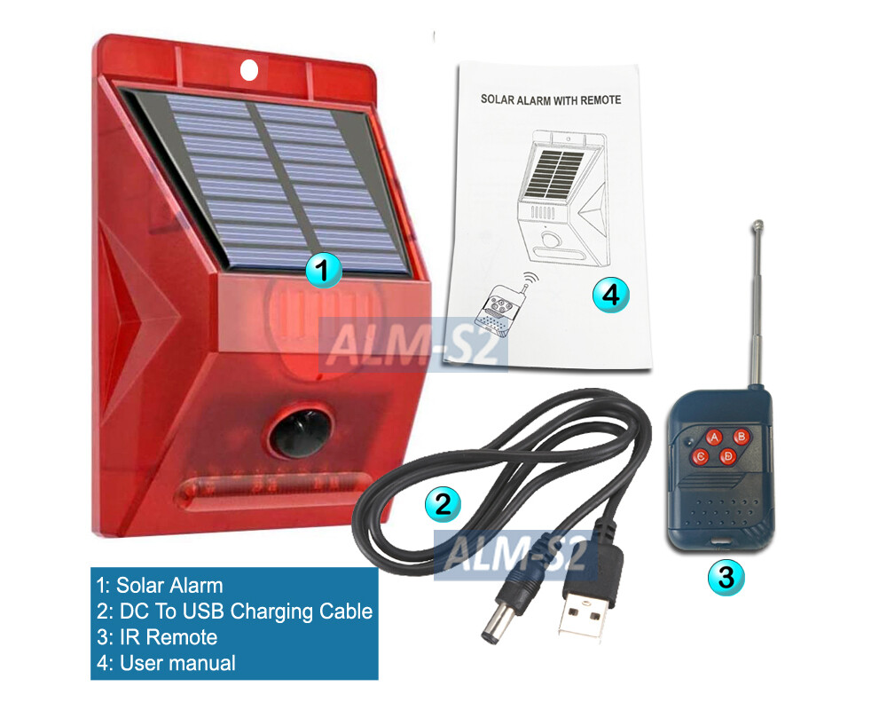 110dB Motion Sensor Alarm Solar Panel DC Powered Home Security IR Remote