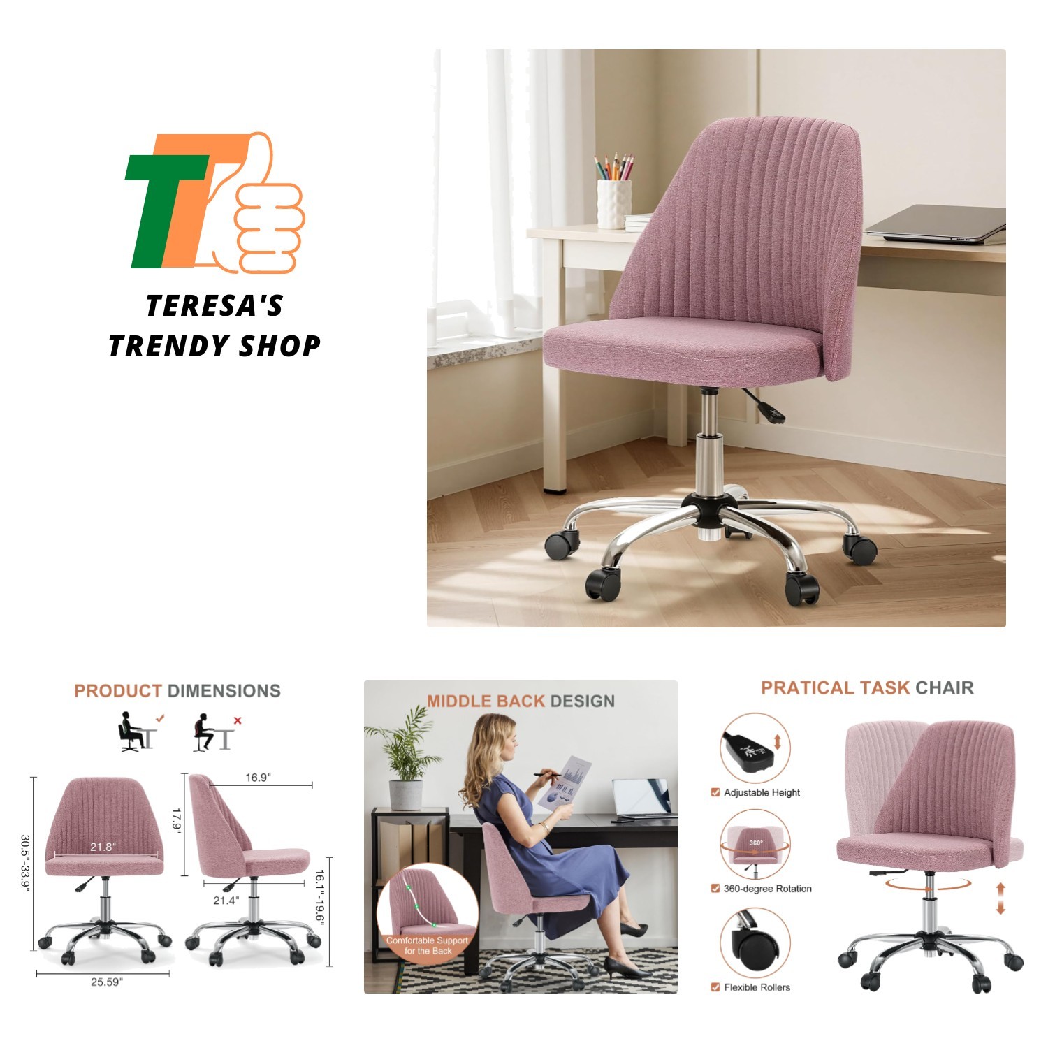 Blush Adjustable Office Chair with Cushioned Back - Ideal for Home & Office