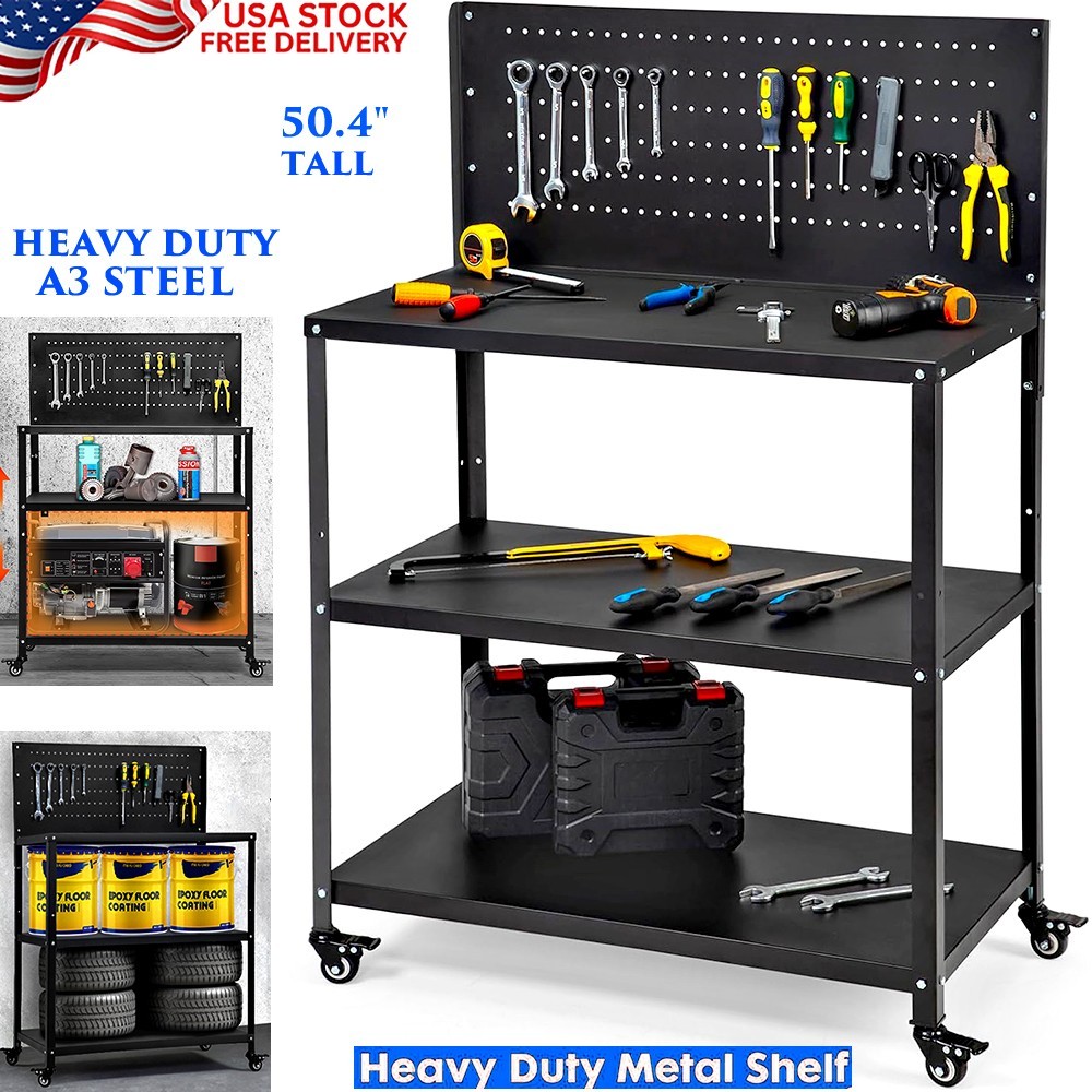 STEEL WORKBENCH WITH PEGBOARD 3-TIER LOCKABLE WHEELS WORKSHOP UTILITY TOOL CART