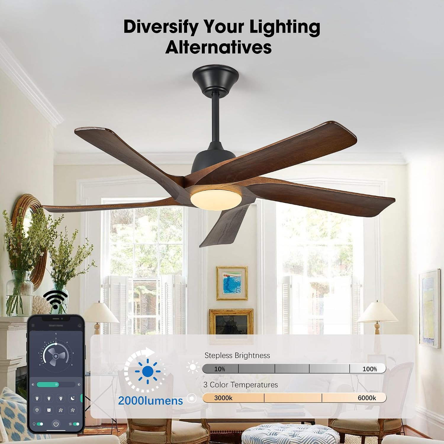 52" Solid Wood Ceiling Fan with Light, (Dark Walnut) | 6-Speed Reversible Quiet