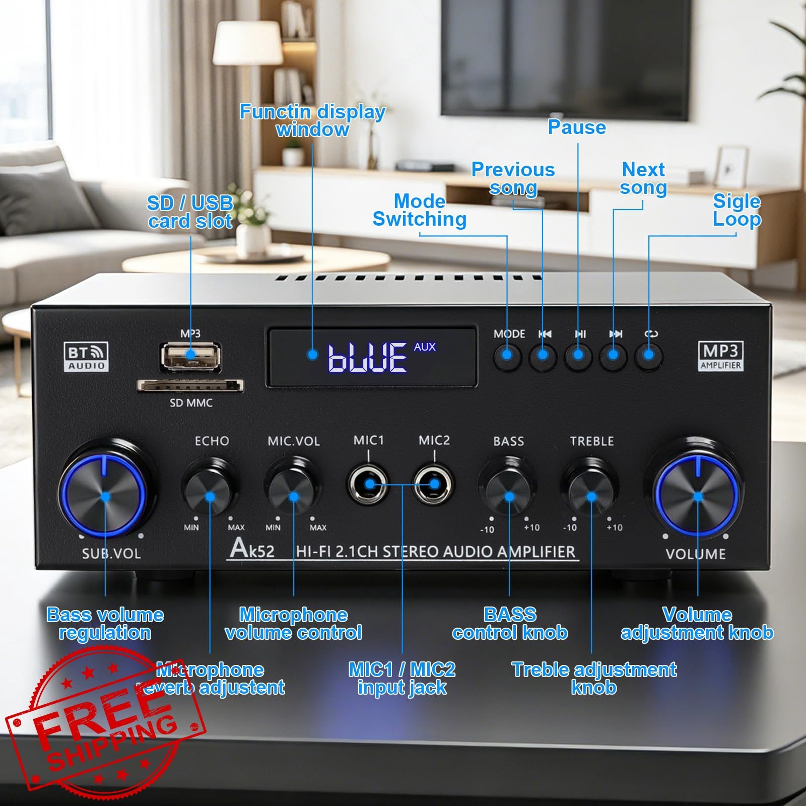 Joengoep AK52 2.1 Bluetooth Amp Sub Out FM USB MIC