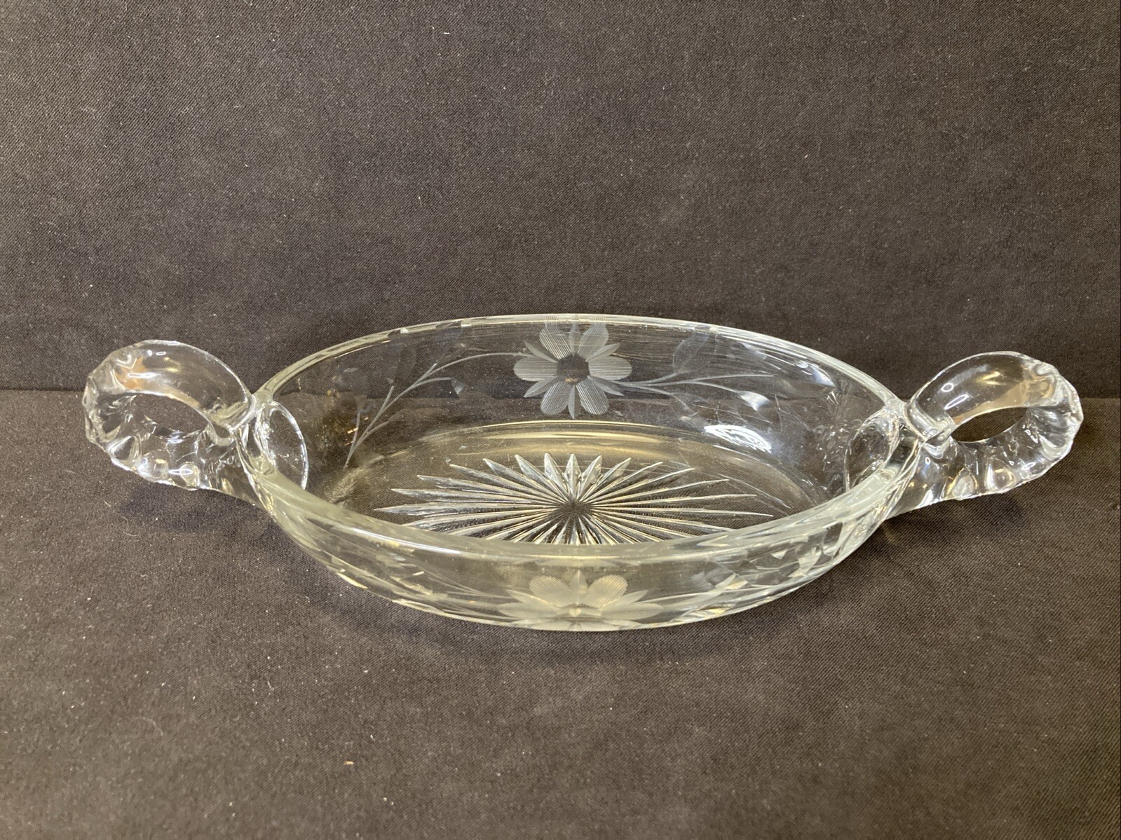 Vintage Glass Oval Serving relish, pickle dish, floral etched starburst bottom