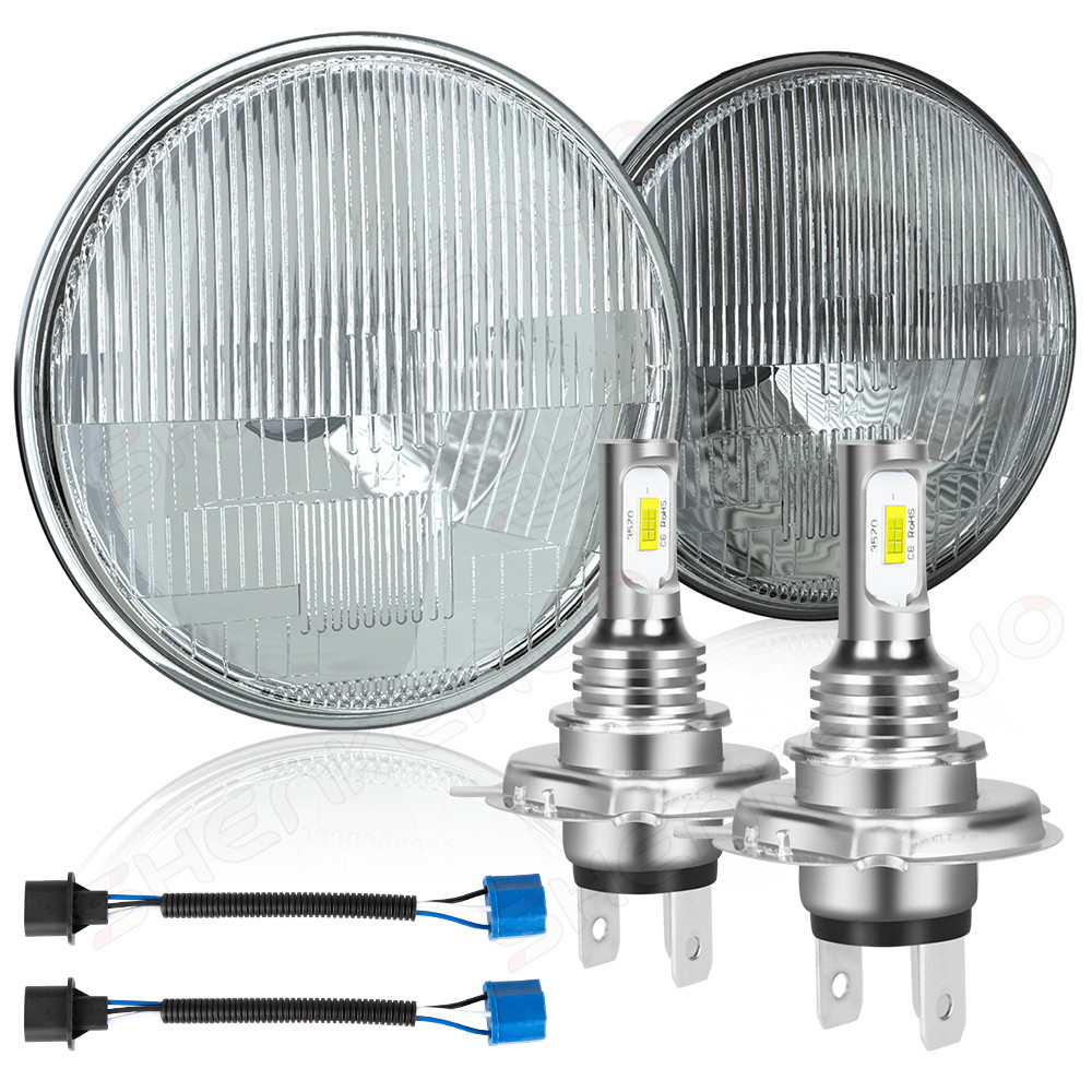 Pair 7 Inch GLASS Round Headlight Housing + H4 LED Bulb CLASSIC Conversion Kit