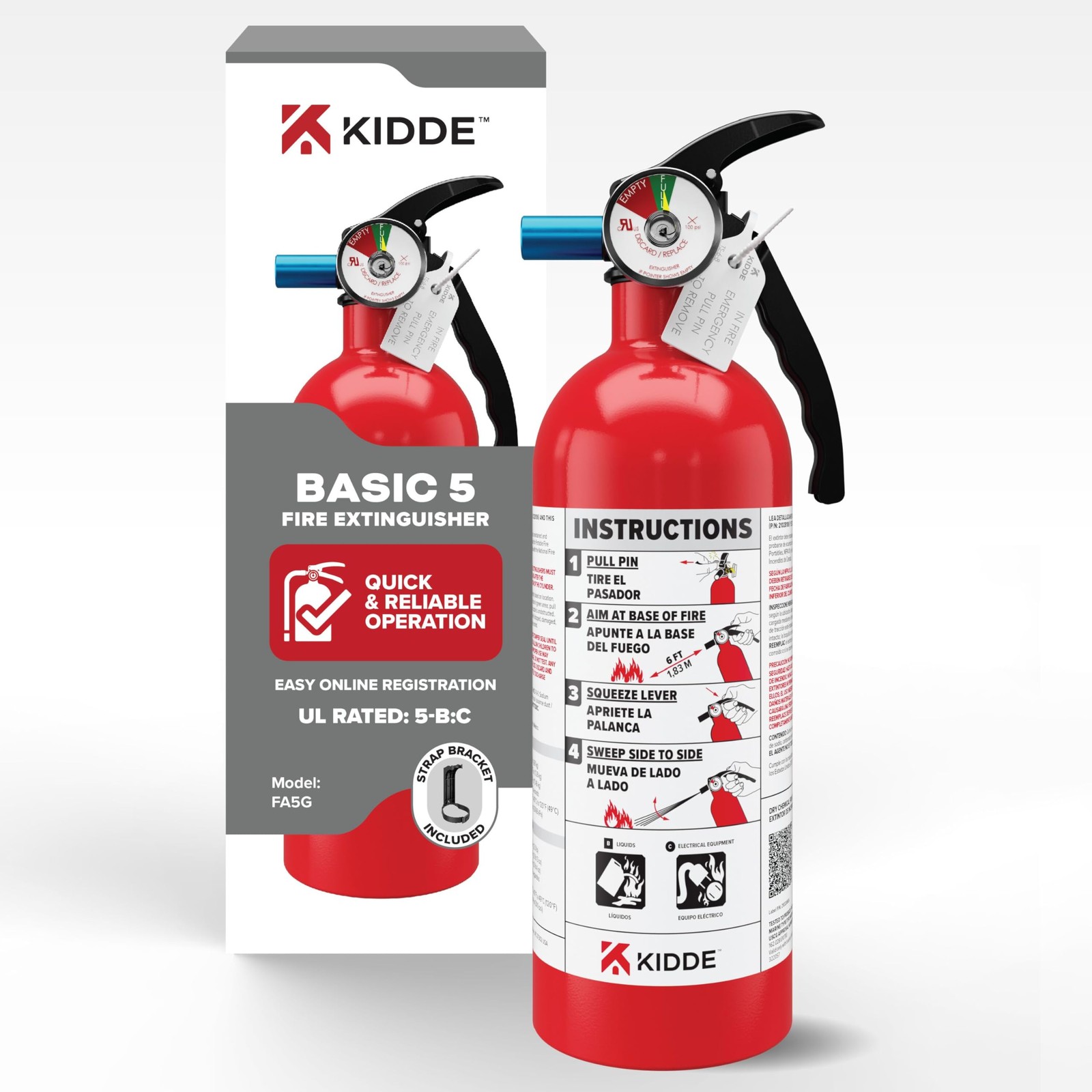 Kidde Basic 5 Fire Extinguisher for Home, 5-B:C, FA5G