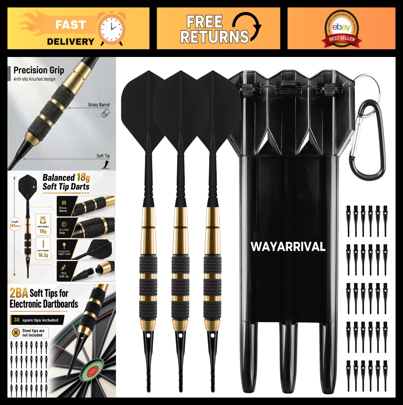 Soft Tip Darts Set - 18g Brass Barrels, Safe for Kids, Complete Kit with Travel