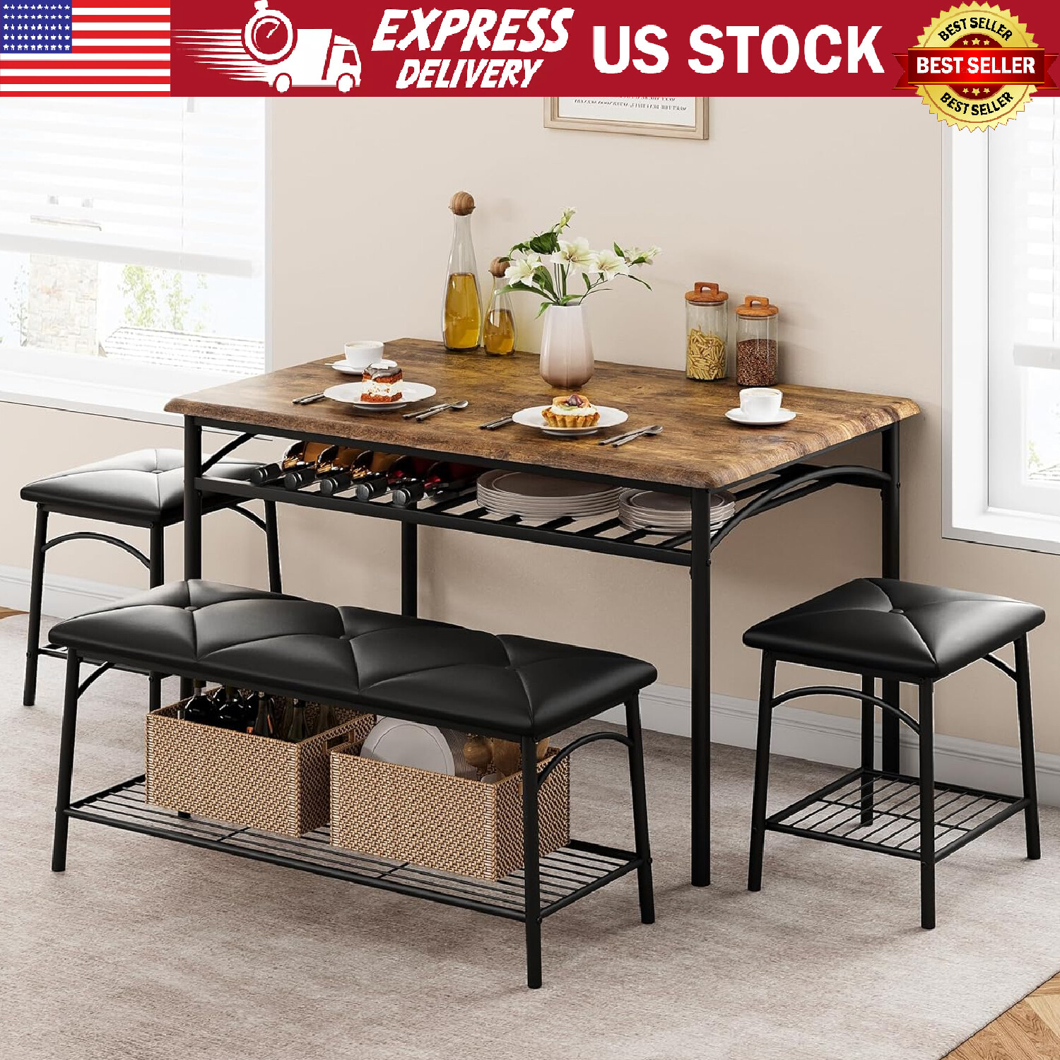 Dining Table Set for 4 Wooden Kitchen Table Set Storage with Bench, Stools Home