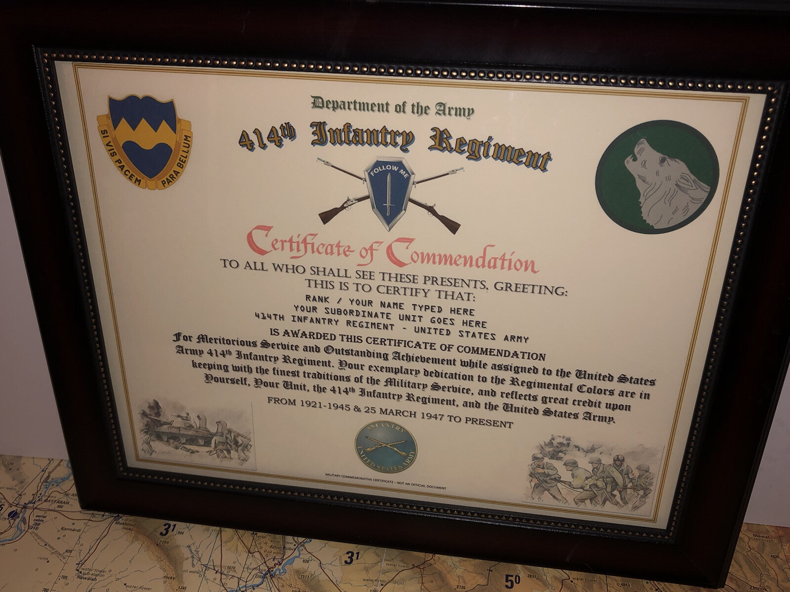 414TH INFANTRY REGIMENT / COMMEMORATIVE - CERTIFICATE OF COMMENDATION