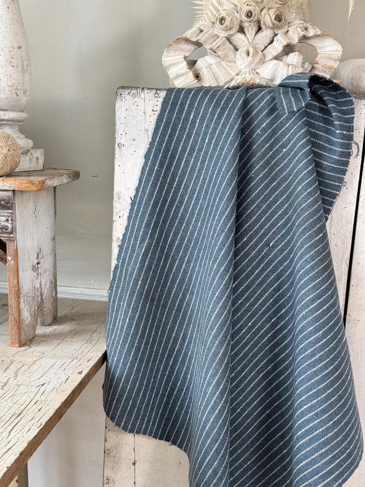 1 yard French hand woven wool blue gray white striped stripes fabric grey heavy