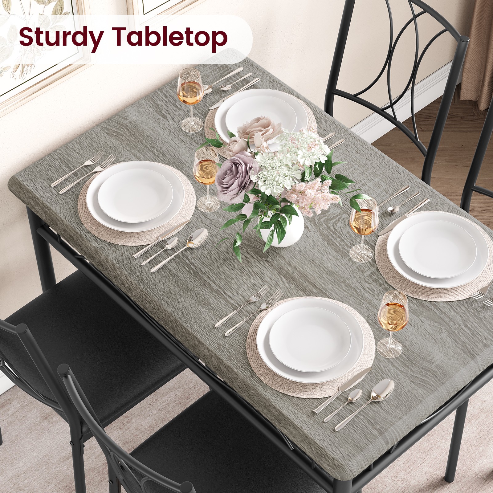 5 Piece Grey Dining Table Set, Kitchen Table And 4 Upholstered Dining Chairs