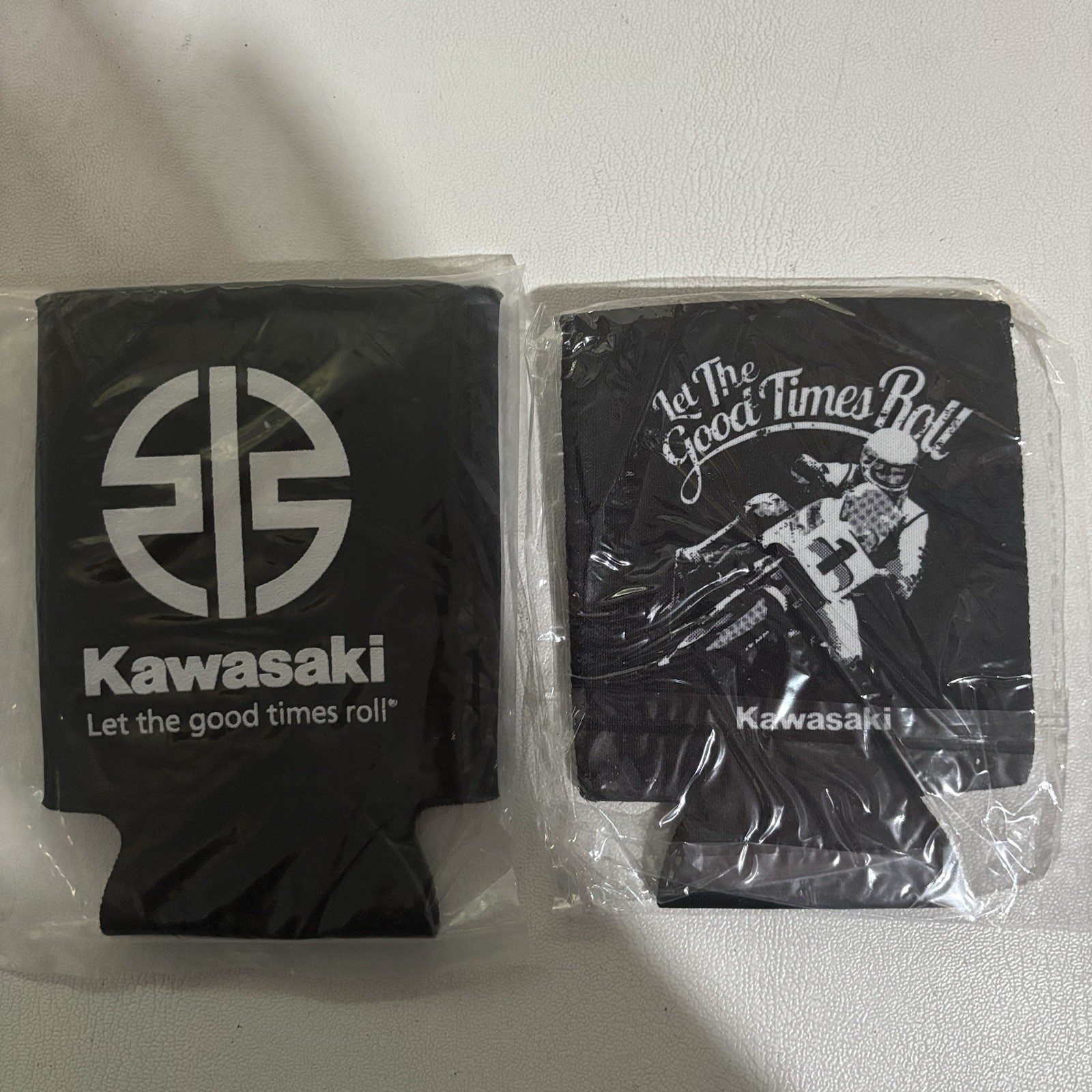 Lot of 2 KAWASAKI Can Cooler Holders Motorcycle Bikers “Let The Good Times Roll”