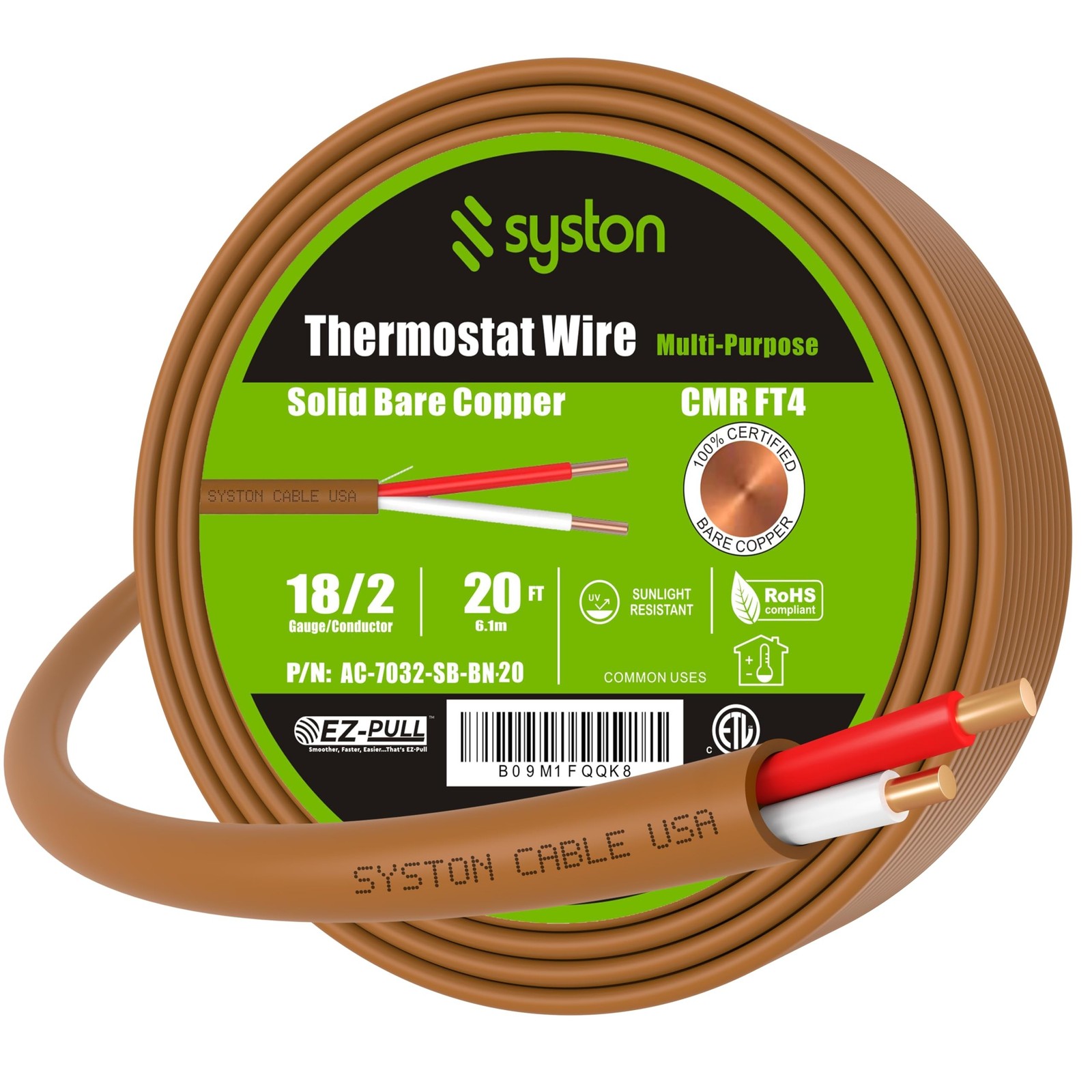 Syston 18/2 Thermostat Doorbell HVAC Heating Control Cable Wire, 100% Solid C...