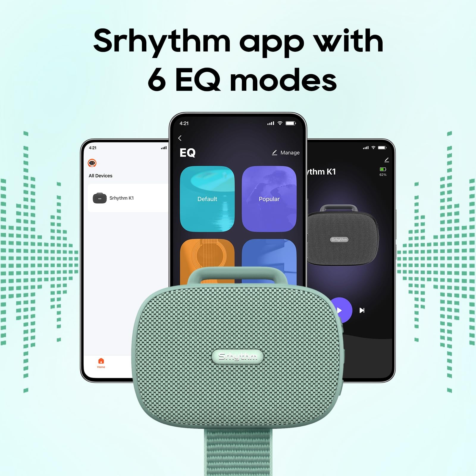 Srhythm K1 Portable Wireless Speaker with App 6 Customizable EQ Mint Green