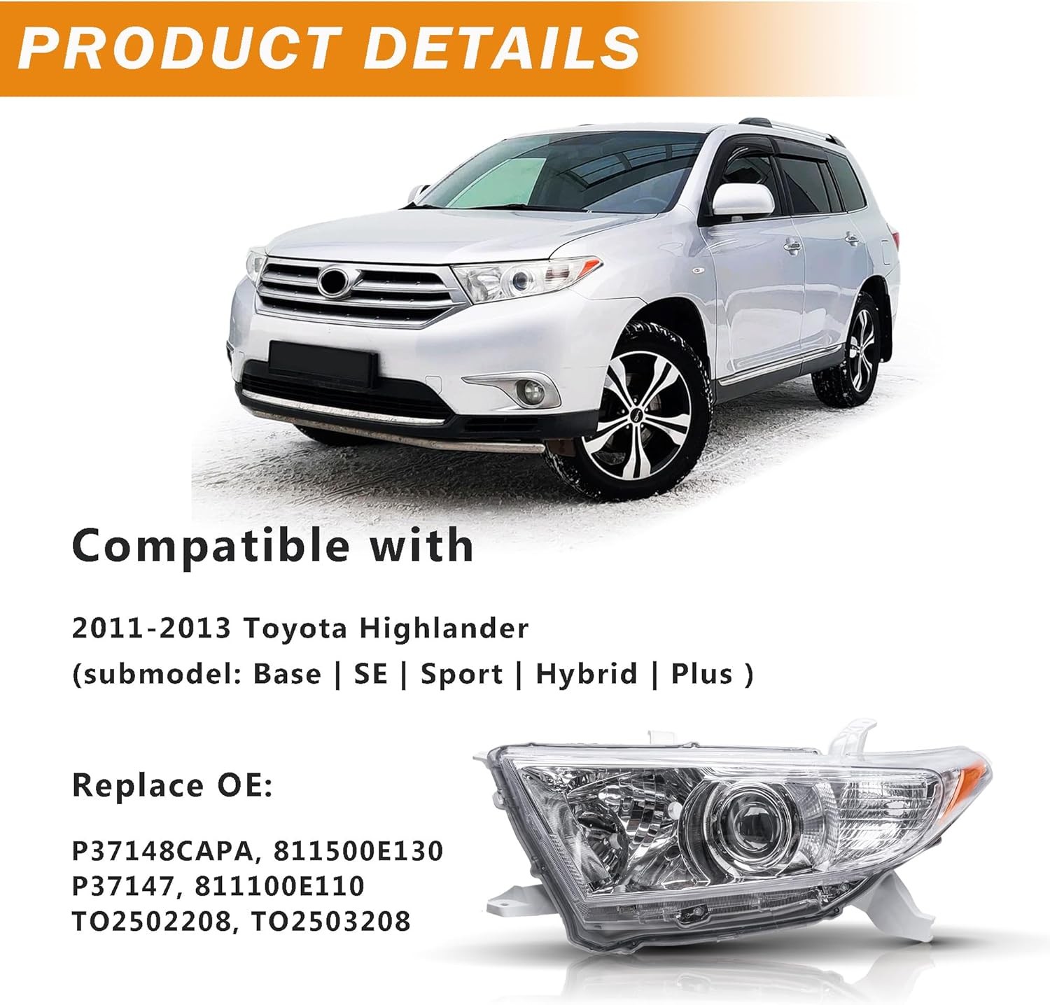 Headlight Assembly Compatible with 2011 2012 2013 Toyota Highlander Headlamp Pai