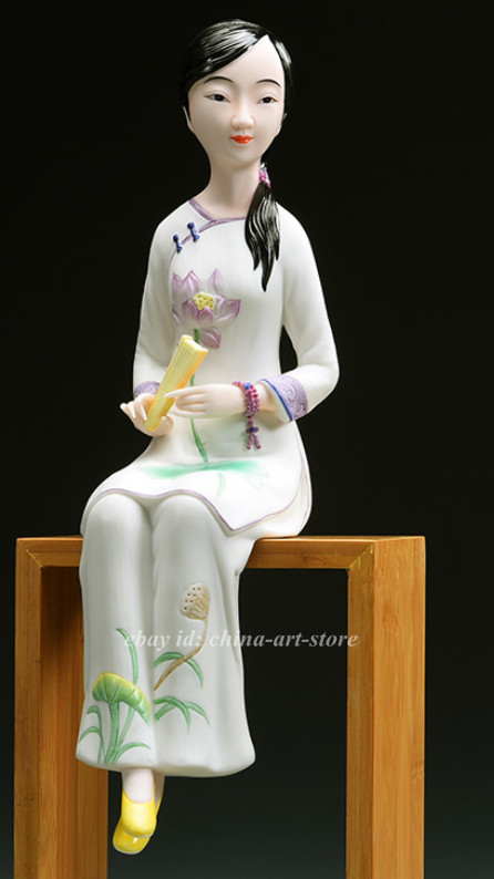 12.2" Chinese Colour Ceramics Handmade Lotus Cheongsam Beauty Pretty Girl Statue