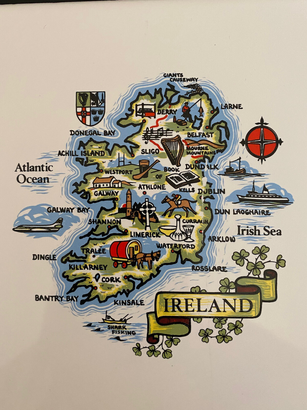 Ireland Souvenir Tile White With Colorful Map Of Ireland Dublin Belfast Galway
