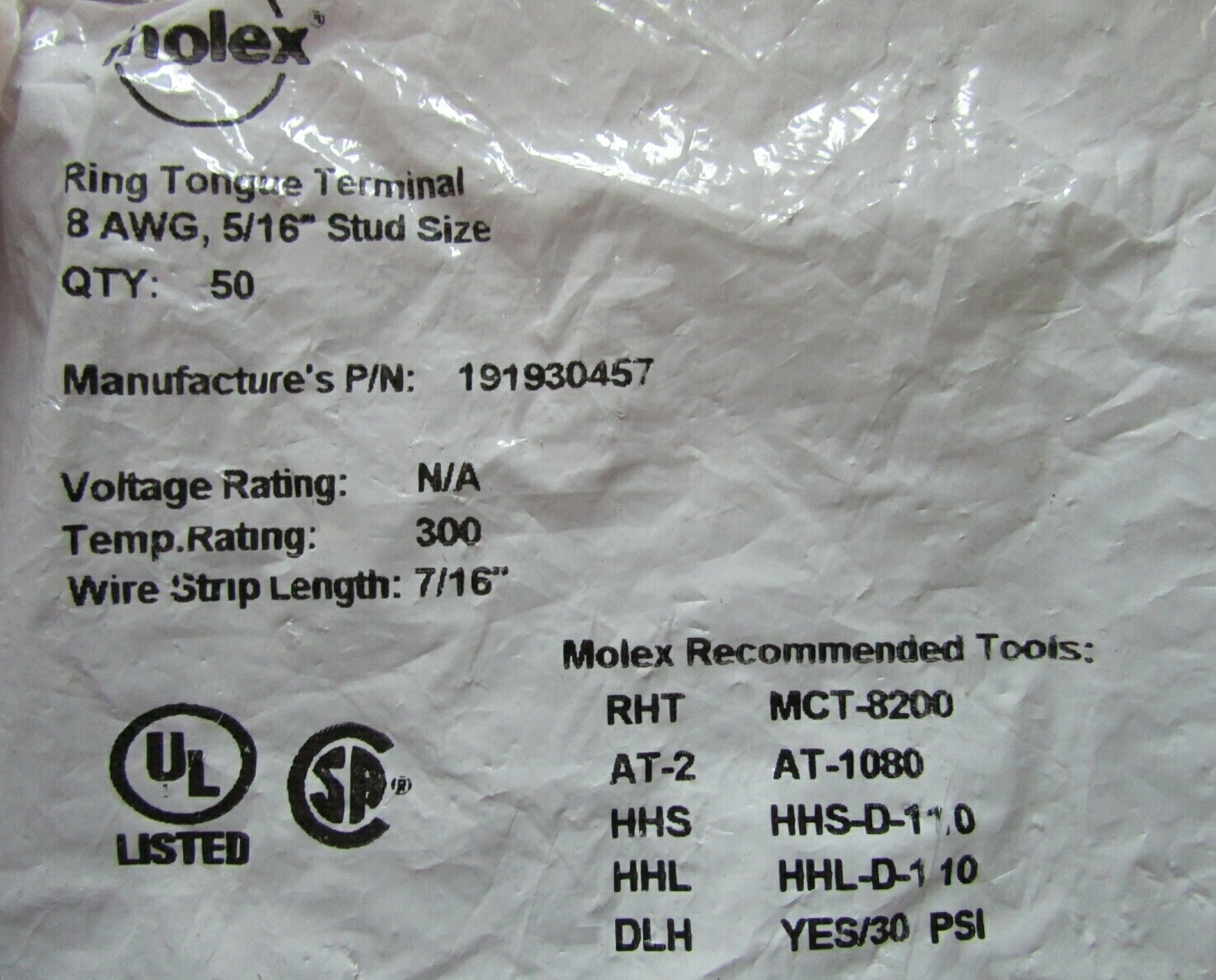 10 Molex Solid Copper Welded Barrel Ring Terminals #8 AWG 5/16" Stud 191930457