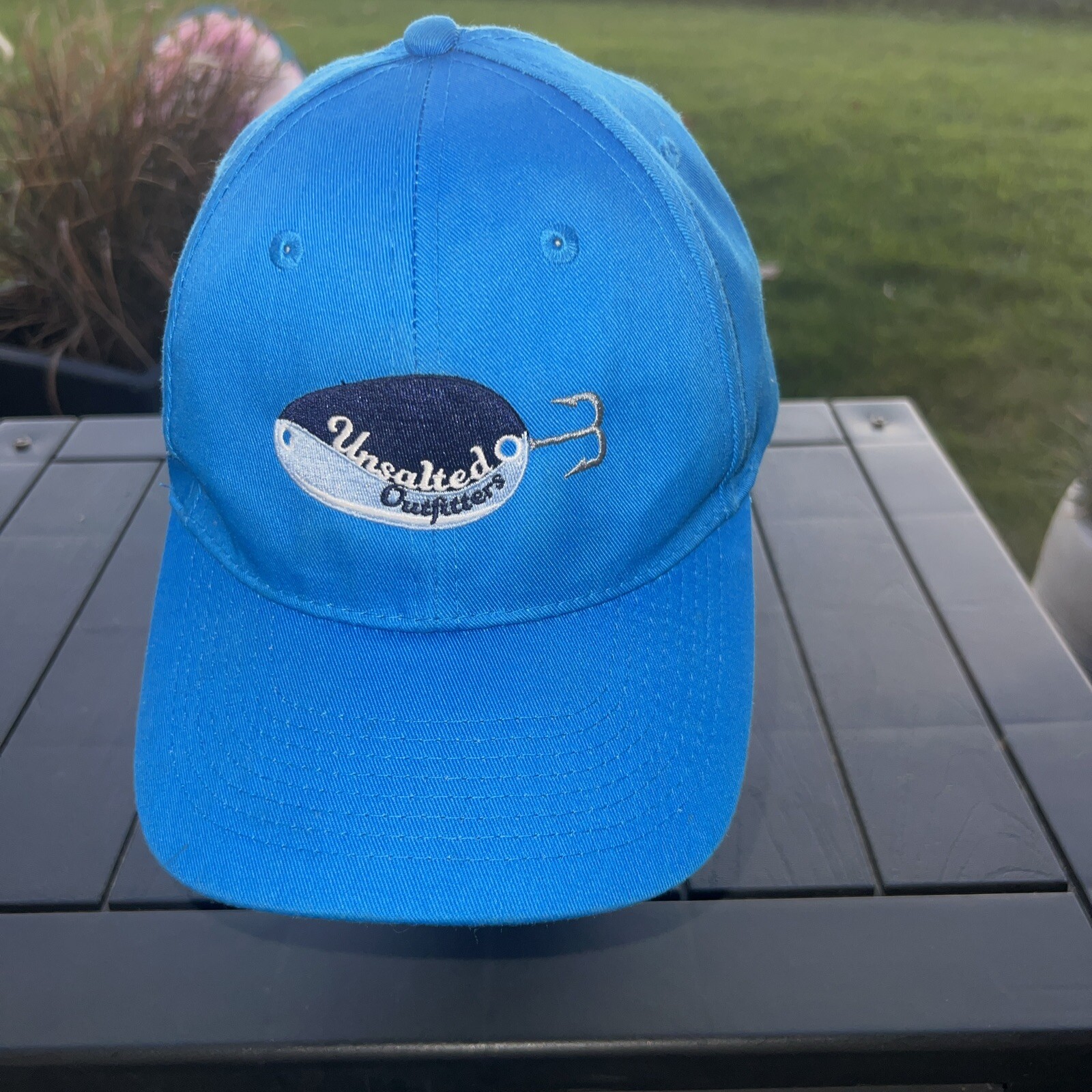 Unsalted Outfitters Fishing on a Lure Bright Blue Hat Cap Hook Loop EUC