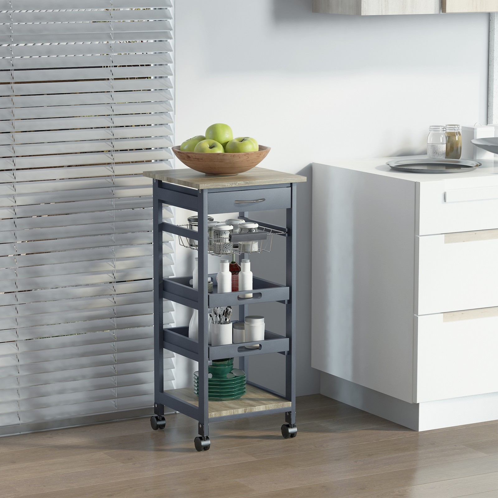 Rolling Kitchen Cart w/ Drawer, Basket, Trays & Solid Wood Frame, Gray
