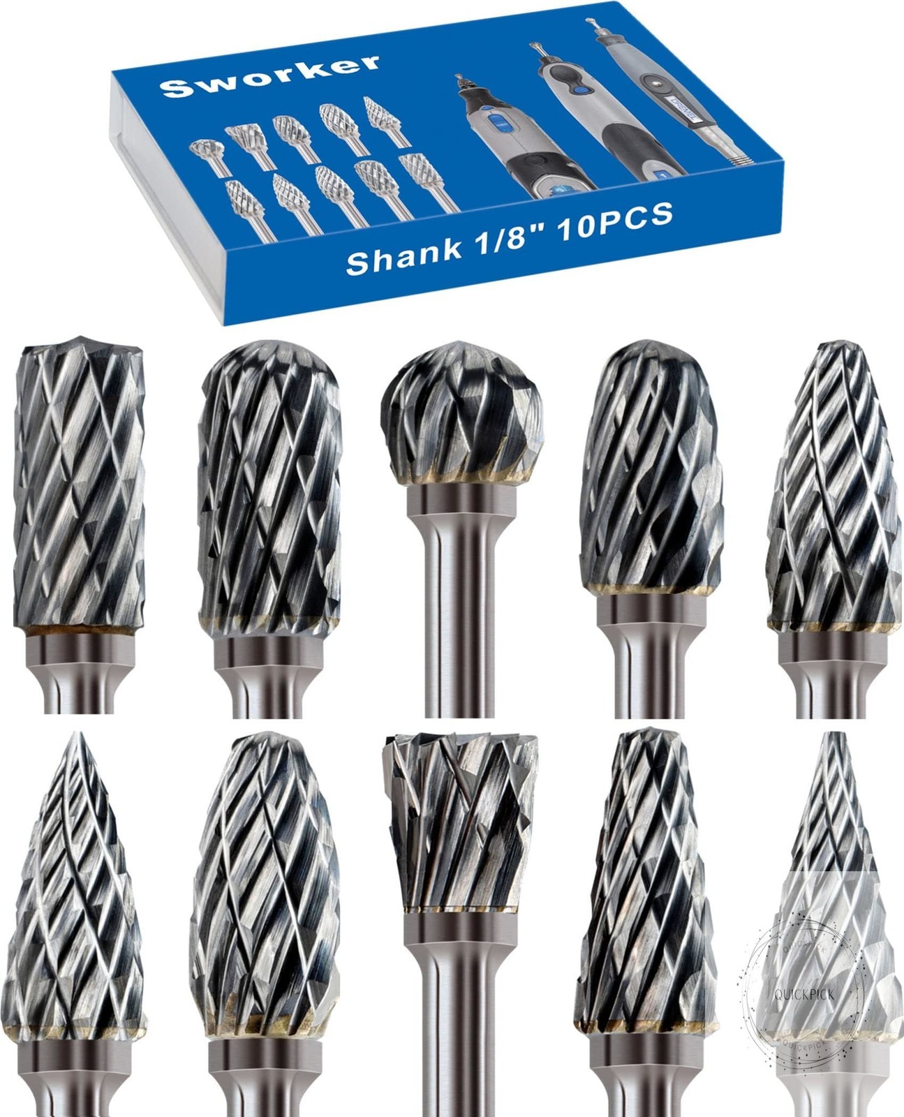 10 Pcs Carbide Burr Set 1/8" Shank Compatible with Dremel Milwaukee Bits Rotary