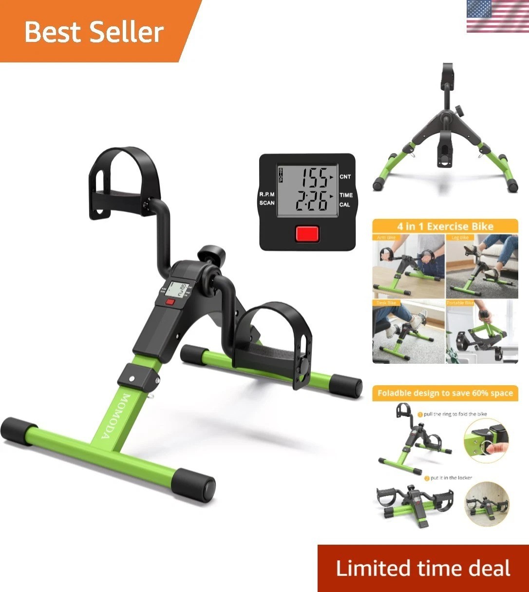 Lightweight Foldable Pedal Exerciser - Adjustable Tension Arm & Leg Bike, Green