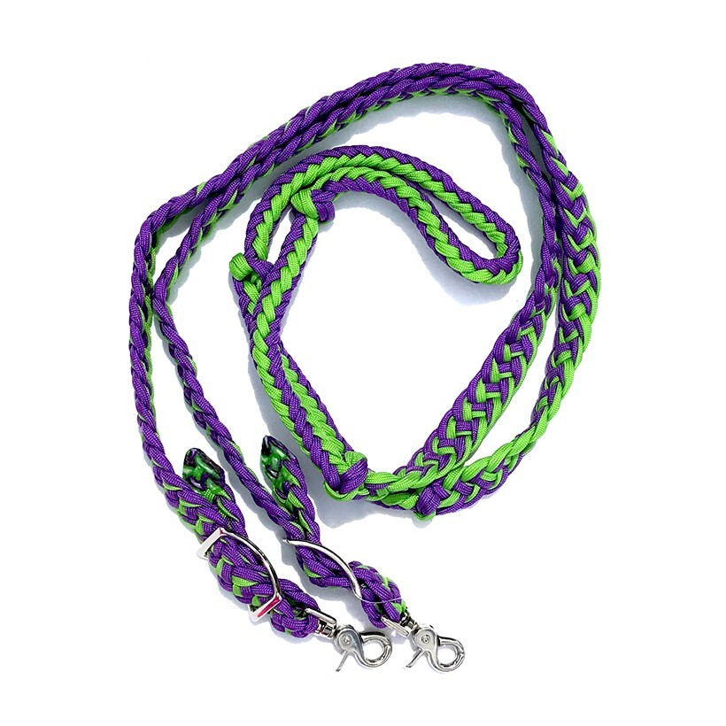Braided Barrel Reins 8 ft long with 2 Scissor Snaps Purple/Lime Green #55017
