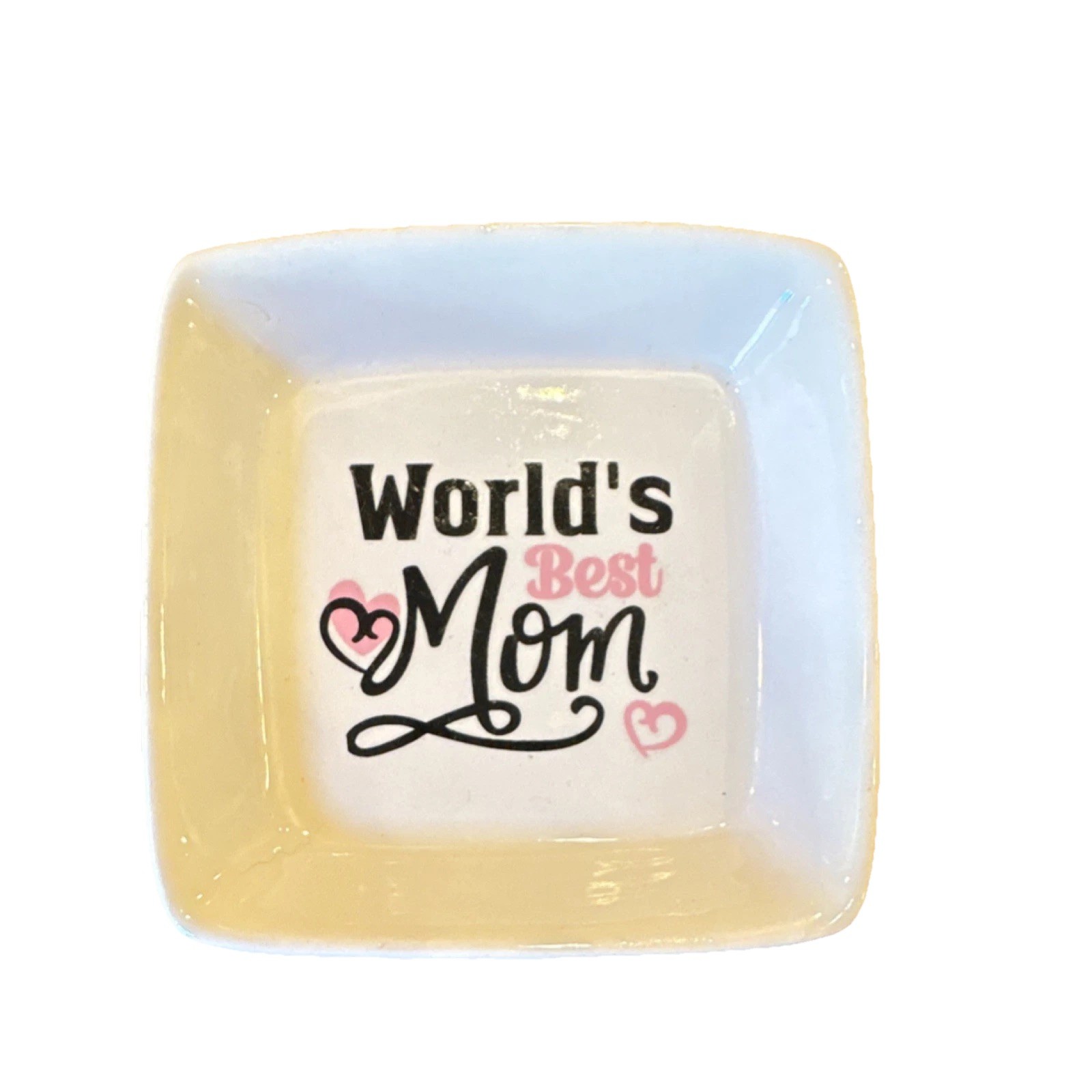 World's Best Mom Square Ceramic Dish White Pink Black Glossy 4" Birthday Gift