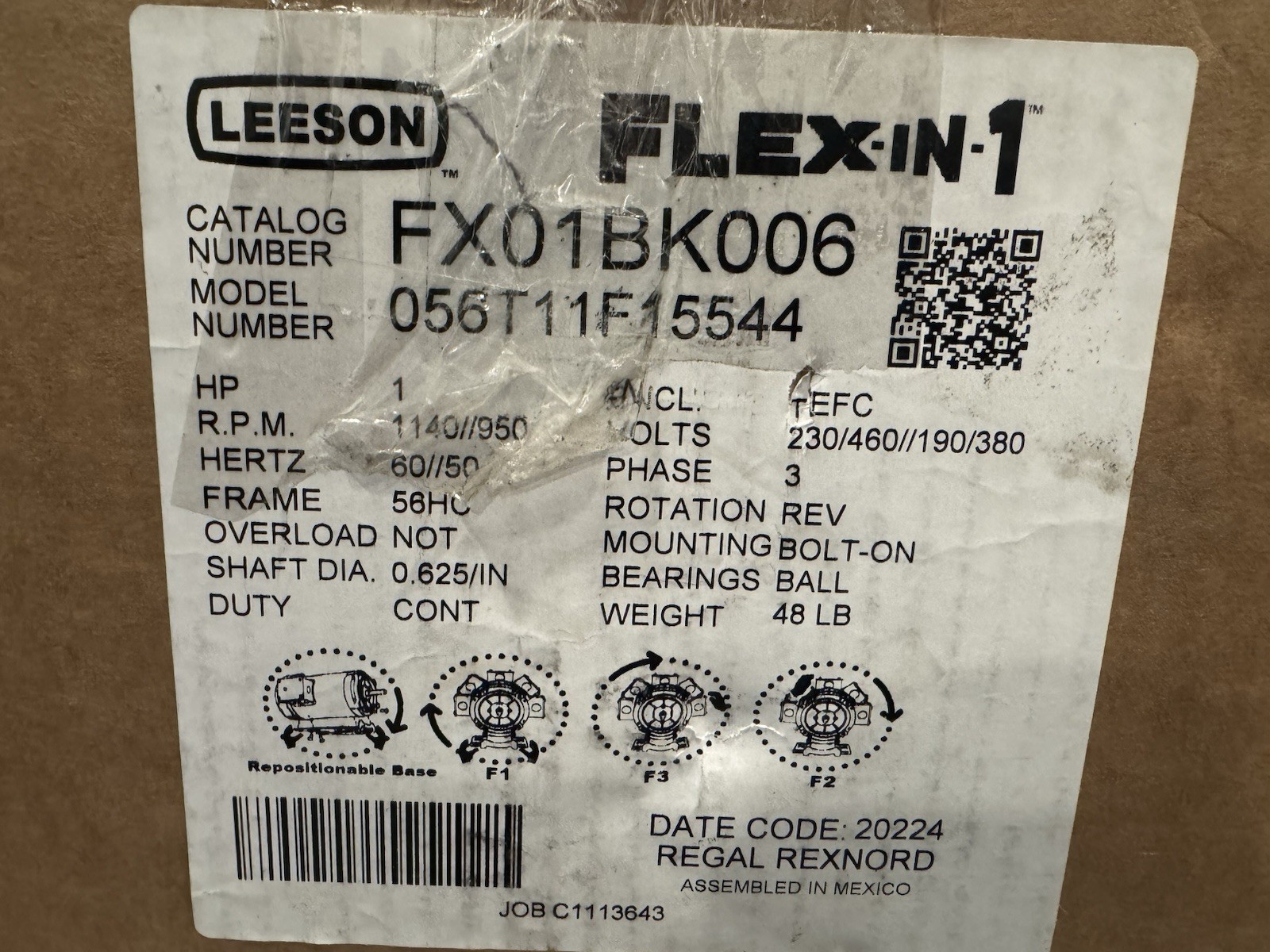 Leeson FX01BK006 Motor 1HP 1140/950 RPM 3PH NEW IN BOX! FREE SHIPPING!